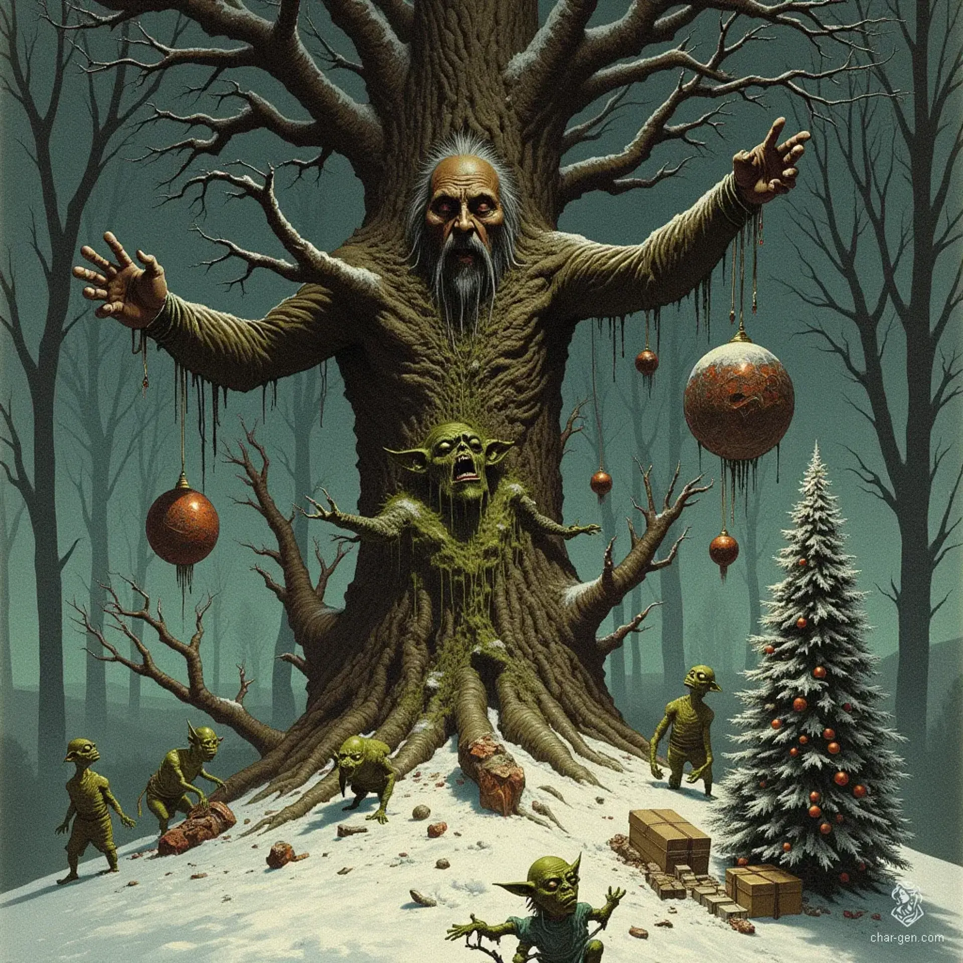 Beneath a towering pine treant, rowdy goblins gleefully ransack a merchant's wagon, tossing wares like confetti. Amid the chaos, a mangled body hangs from the branches, while a weeping dryad, her bark-like skin glistening, pleads for the malevolent revelry to cease.