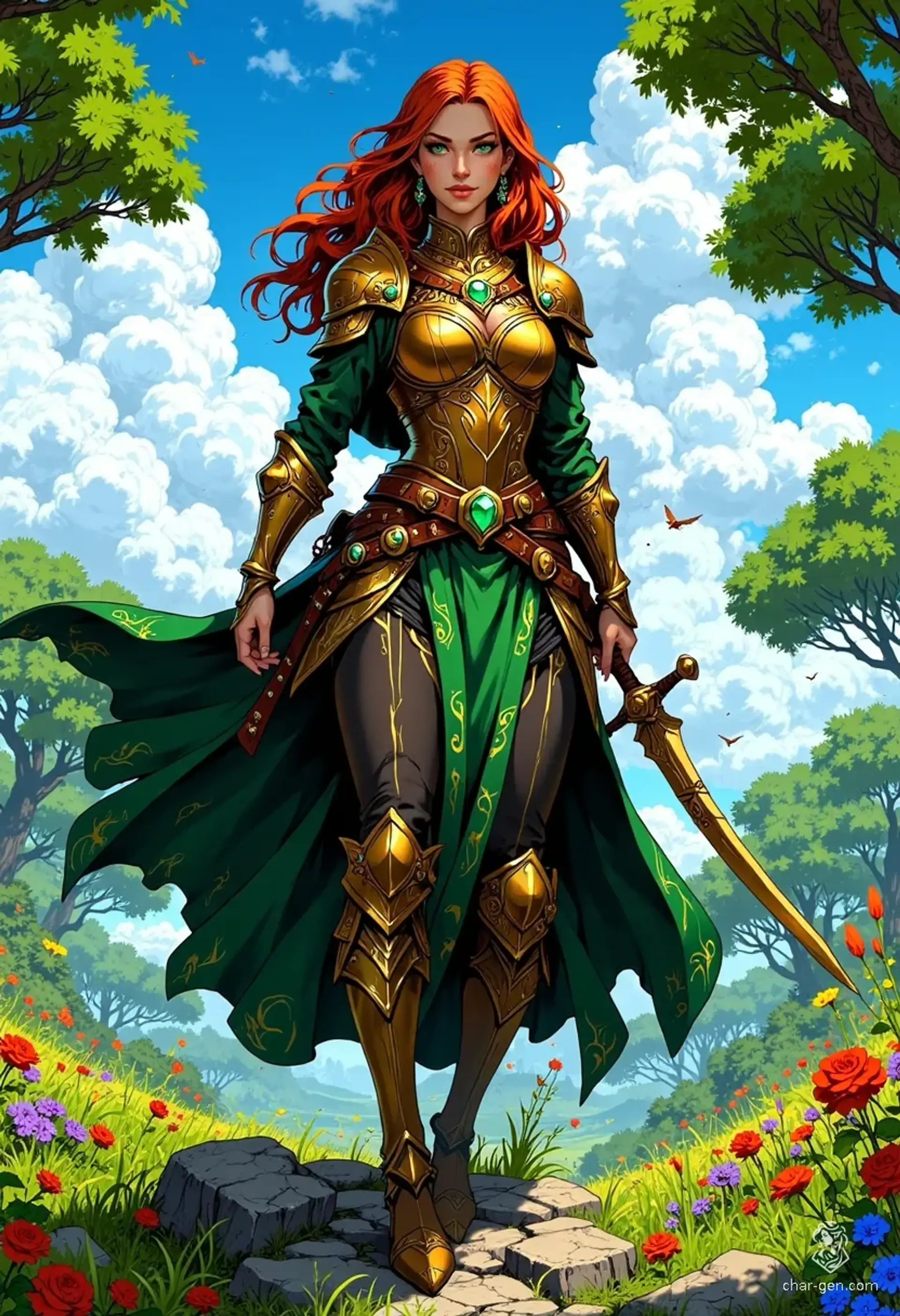 In a sunlit meadow, a captivating female warrior stands poised on a stone outcrop. Her wild auburn locks and warm brown eyes radiate strength and charm. Clad in intricately designed bronze armor and wielding a shimmering curved blade, she embodies both grace and ferocity, ever-watchful for looming threats.