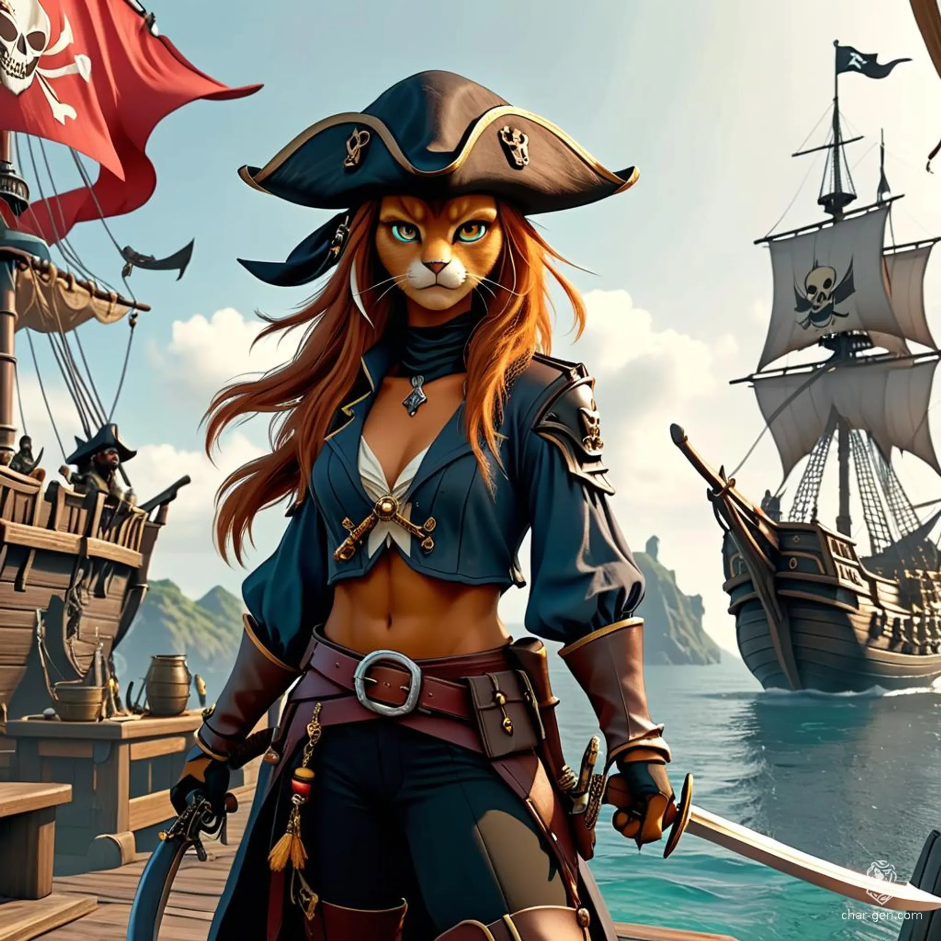 A bold, female caracal-like humanoid pirate, she exudes confidence, donning a tricorn hat and an eye patch. Armed with a cutlass and dual rapiers, she relentlessly seeks treasure across the seas.