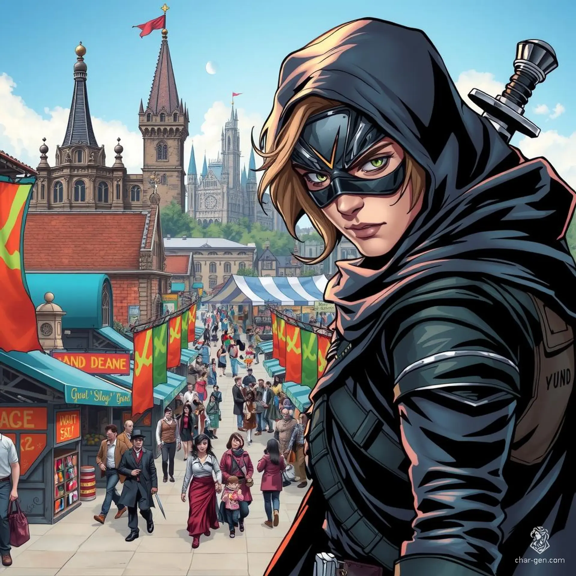 A stealthy and dangerous half-elf assassin, this fair-skinned male wears dark leather armor and a mask with a "V" on it. Equipped with concealed daggers, he lurks in shadows, sporting wavy hair and a light-footed stance.