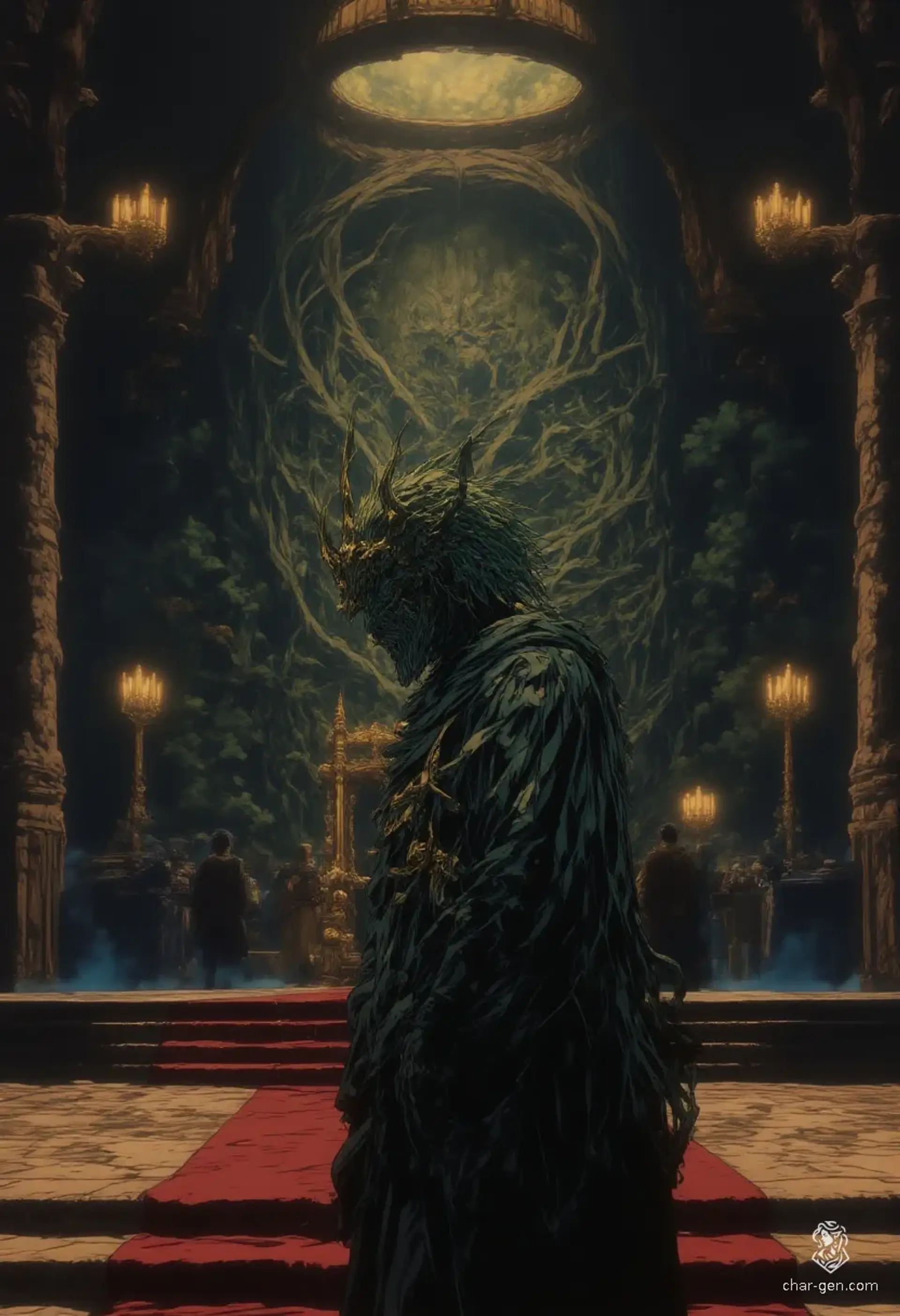 A regal wood woad stands sentinel before an ancient oak carving, its bark-skinned form crowned with branches and leaves. Bathed in shadowed green and brown hues within a dim throne room, this arboreal guardian exudes mystic authority through intricate textures and dramatic, cinematic lighting.
