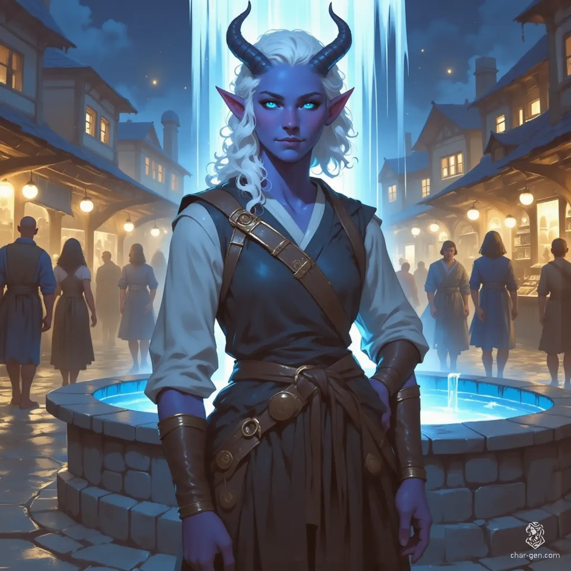A female tiefling shopkeeper, she boasts cobalt blue eyes and twisted horns framing her bright, curly white hair, which wisps like clouds. With distinct grey skin, she skillfully manages her store, bartering various goods while exuding both charm and mystique.