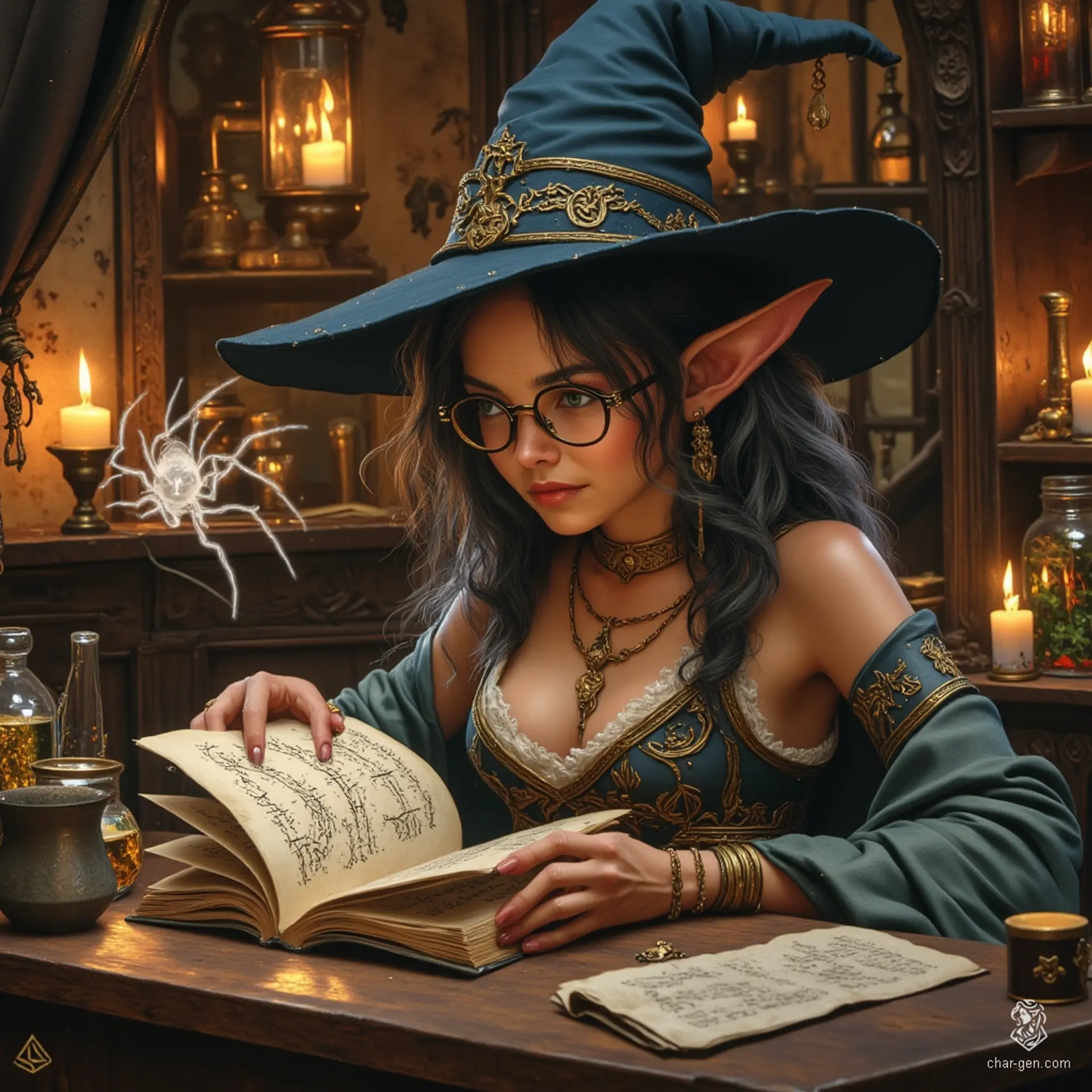 Maryam, the Apothecary Witch, is a graceful, tan-skinned elf with topaz eyes that sparkle with curiosity. Sporting flowing, tea-colored hair streaked with grey, she captivates with her keen intelligence. Surrounded by herbs and potions in her cozy lab, she embodies care, competence, and the thrill of mystical discovery.