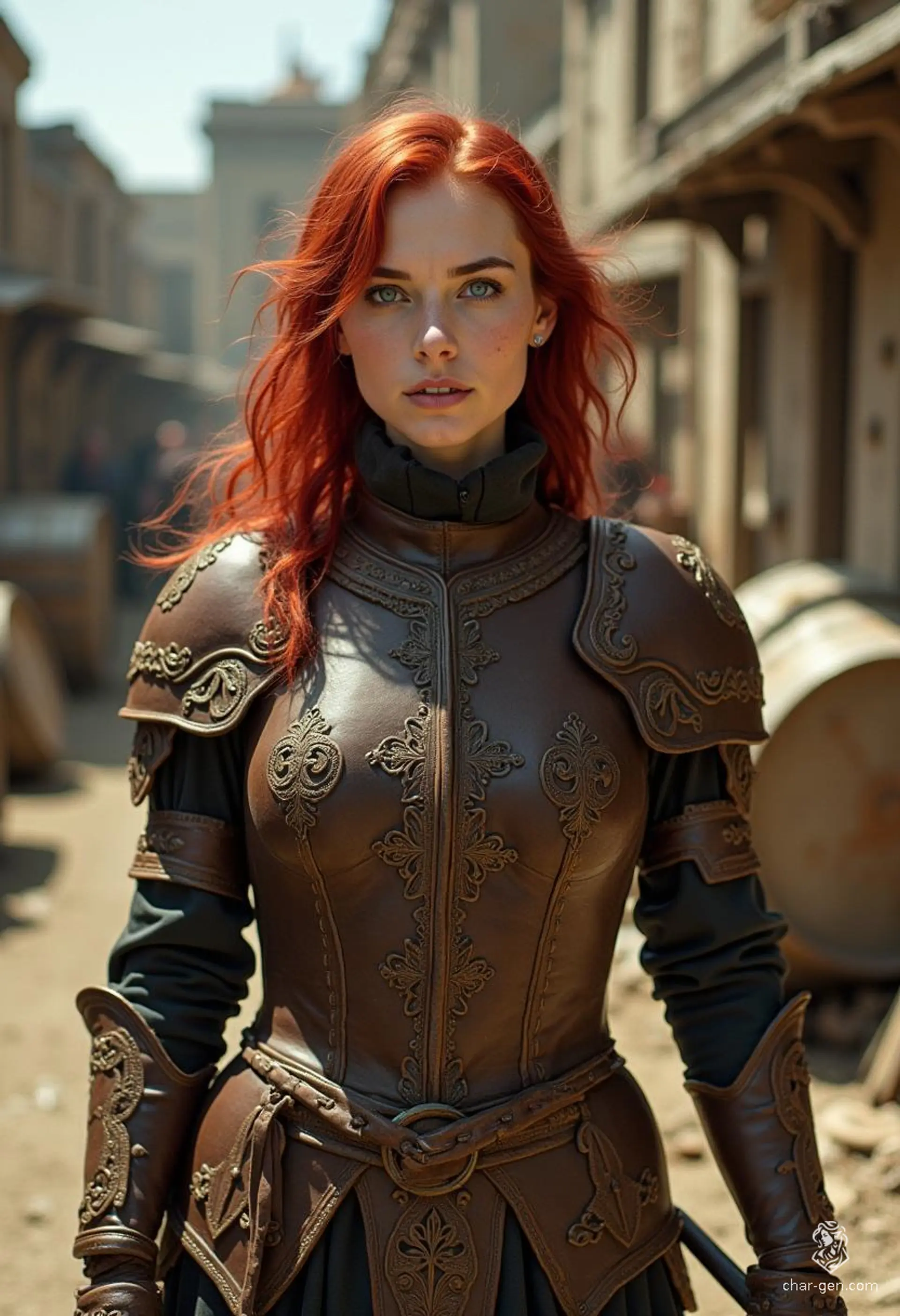 Sarah Jessica White, a charming and nimble Waterdhavian bard, wields a rapier with grace. Adorned in intricately detailed leather armor, her bold cherry-red hair and striking blue eyes captivate audiences. While she presents herself as a hero, hidden beneath her noble facade lies a scandalous secret and an insatiable desire for indulgence.