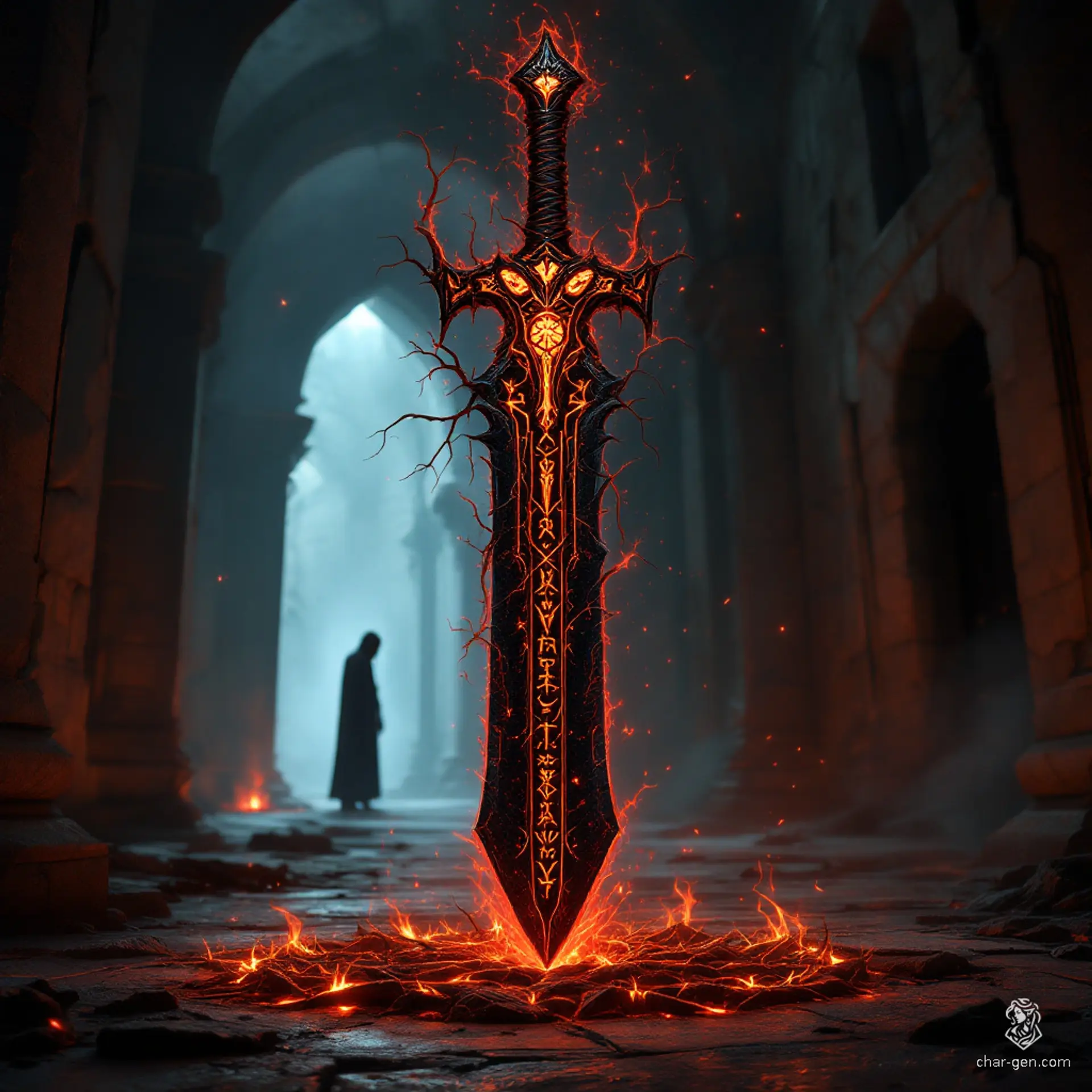 *Shadowrend*, the Cursed Blade of the Forgotten King, is a formidable sword forged from Abyssal metal, pulsating with malevolent energy. Black as midnight, its runes glow with sinister red light, offering immense power at a dire cost—consuming the souls of those who wield it, binding them to eternal darkness. 