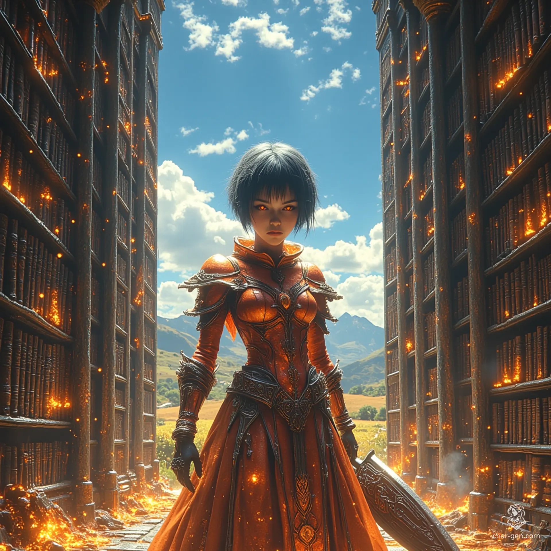 Luna is a fierce half-kobold, half-goloma fighter, clad in a steel breastplate and raising a steel shield. With muscular copper-scaled limbs and eight spider-like black eyes, she battles dynamically, embodying strength and agility while preserving ancient texts in her librarian role among towering bookshelves.