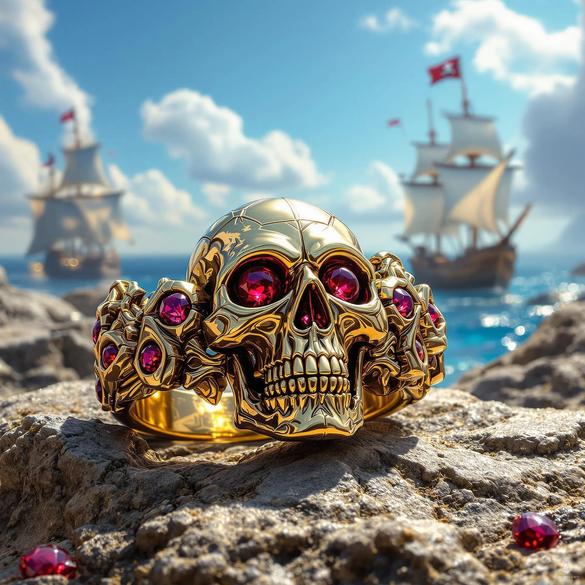 The King Pirate Ring, a stunning golden masterpiece, features tiny intricately sculpted skeleton skulls, each with captivating ruby eyes that flicker like lost souls. Worn by the fiercest sea lord, it grants the wearer unmatched power over the oceans and the loyalty of spectral crews.