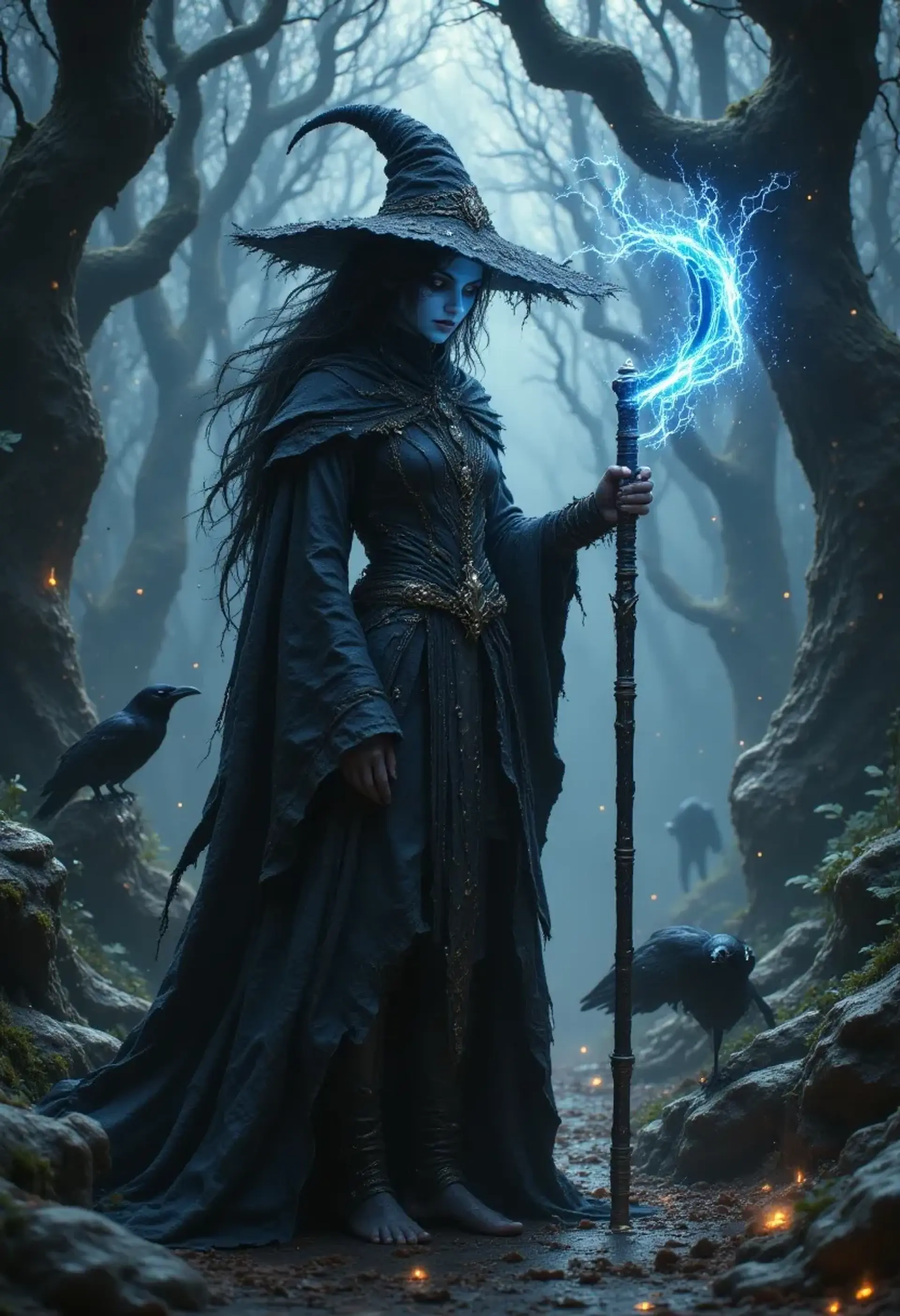 Branwen Umbra, a 230-year-old transformed human, appears as a slender, youthful sorcerer-cleric with shimmering alabaster skin, swirling silver-black pupilless eyes, and writhing onyx hair. Clad in ornate black robes and a wizard’s hat, she wields a scythe and commands ravens, embodying ancient arcane and divine power.
