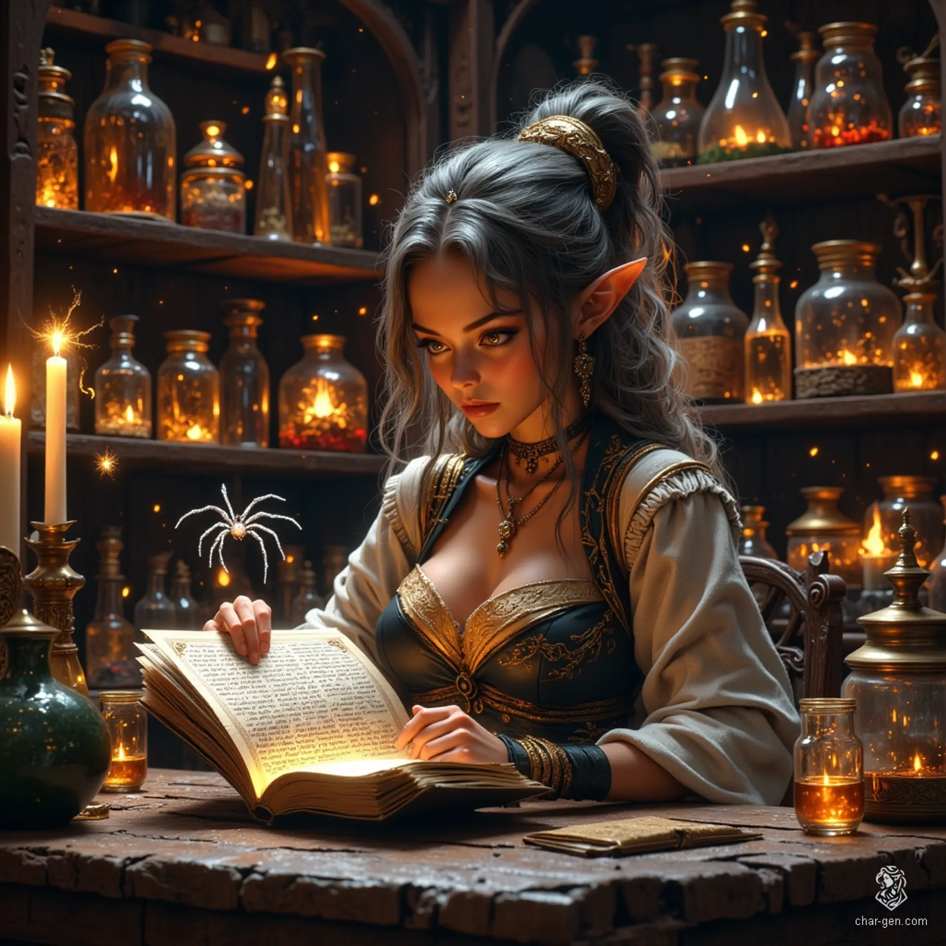 Maryam, the Apothecary Witch, is a charming older elf with tanned skin and sparkling topaz eyes. Her graceful form is adorned in practical, renaissance-inspired attire, accented by a small pointed hat. Surrounded by jars of herbs and glowing candles, she balances expertise with a spark of curiosity, aided by her translucent spider familiar.
