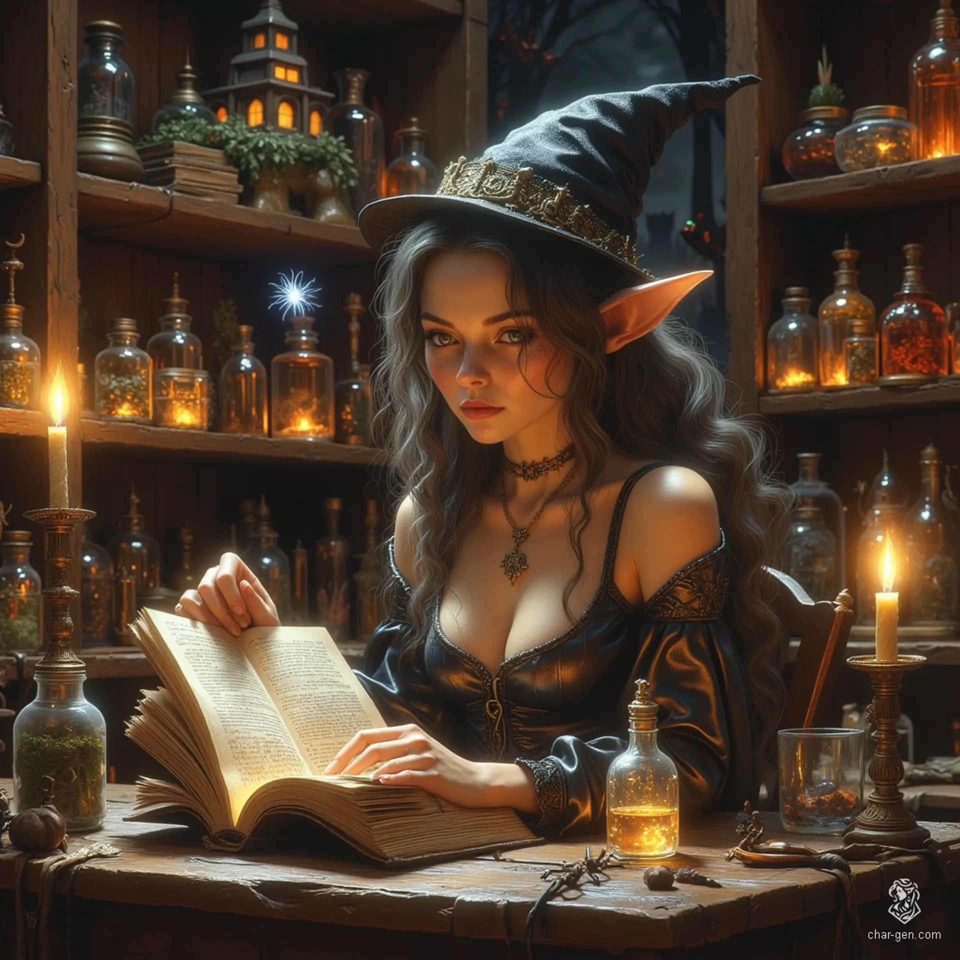 Maryam, a charming apothecary witch, is an elegant older elf with tanned skin and gentle wrinkles that reflect her wisdom. Her flowing, tea-colored hair is streaked with grey, pulled back into a loose ponytail. Bright topaz eyes, framed by rimless spectacles, reveal her inquisitive nature as she meticulously studies her tome amidst the cozy ambiance of her alchemical lab, accompanied by her ethereal spider familiar.