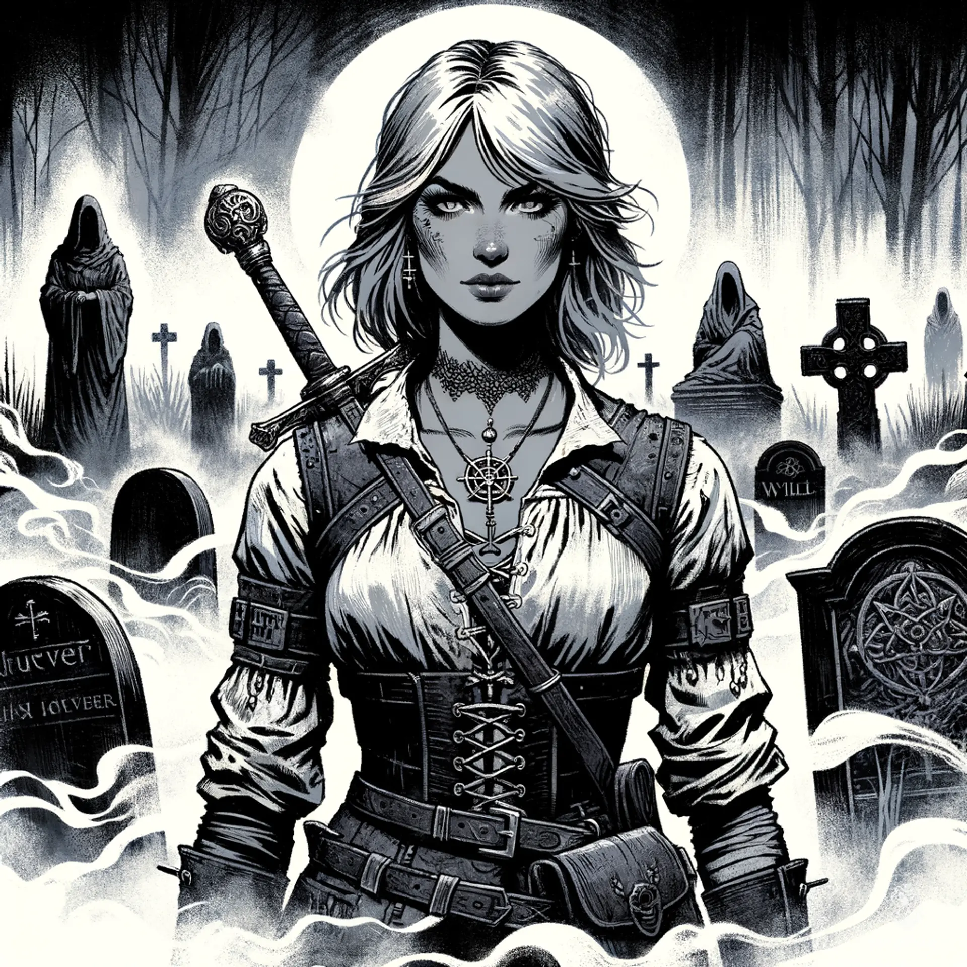 A confident female witch-hunter with short, smoky gray hair and fair skin. Dressed in rugged attire, she wields silver weapons and holy symbols, always ready for battle against dark magic users and ghosts. Slim yet muscular, she embodies strength and determination.