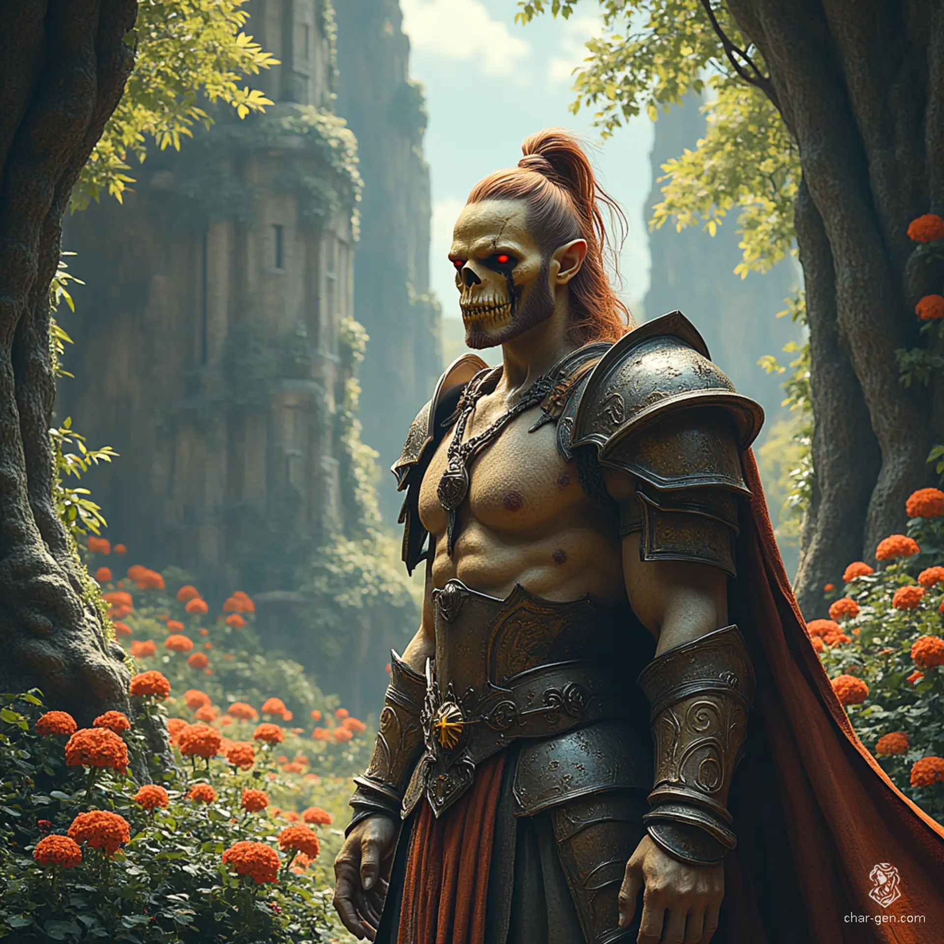 A towering githyanki paladin, imbued with an aura of dignity, stands resolute. His gaunt frame is marked by rough, dirty yellow skin and a Voldemort-like skull nose. Russet hair tied in a topknot frames his fierce expression, embodying a warrior dedicated to protection and justice.