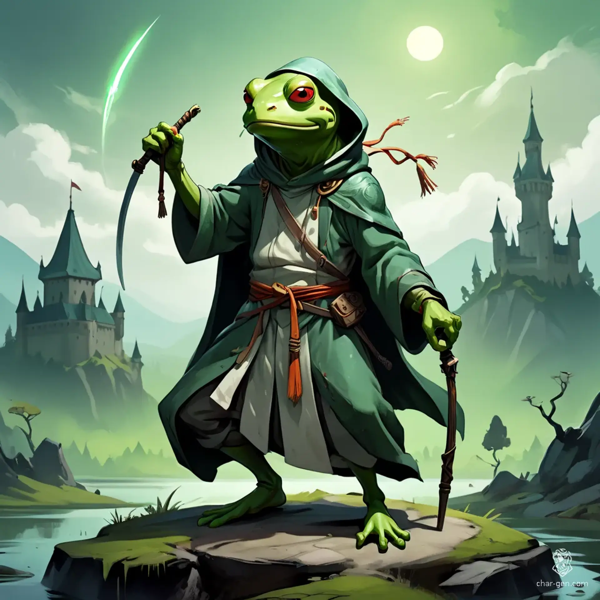 A striking figure amid chaos, this young adult monk is a tiny, anthropomorphic frog-like being with vibrant green skin. Draped in white robes with a hood up, he carries a staff on his shoulder, poised for battle yet exuding an air of serenity.