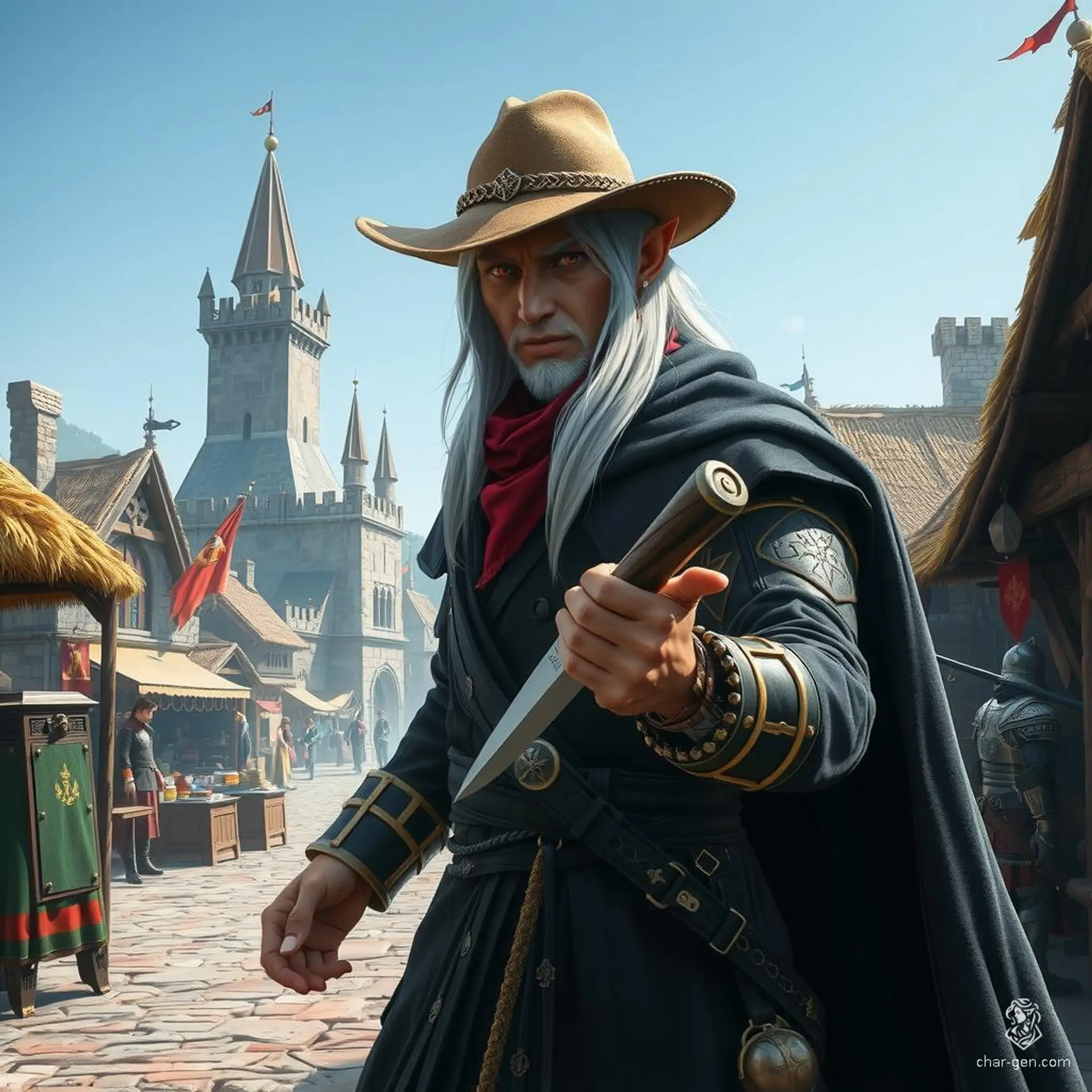 Valakhad, a 30-year-old Kalashtar wizard and former military sharpshooter, stands tall at 6'3" with tan skin and striking red eyes. Donning a cowboy hat and long black duster, he wields a magic gun to cast spells. Orphaned in his youth, Val's dual soul, Khad, helps him navigate his arcane path.