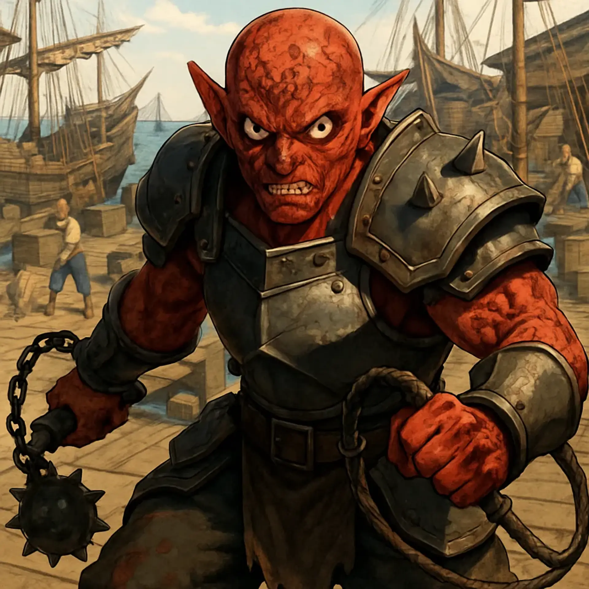 A scarred, red-skinned hobgoblin clad in ruthless militaristic armor, wielding a brutal flail and whip. His burned, fierce visage and muscular frame exude menace, embodying the merciless cruelty of an unyielding slaver commander.