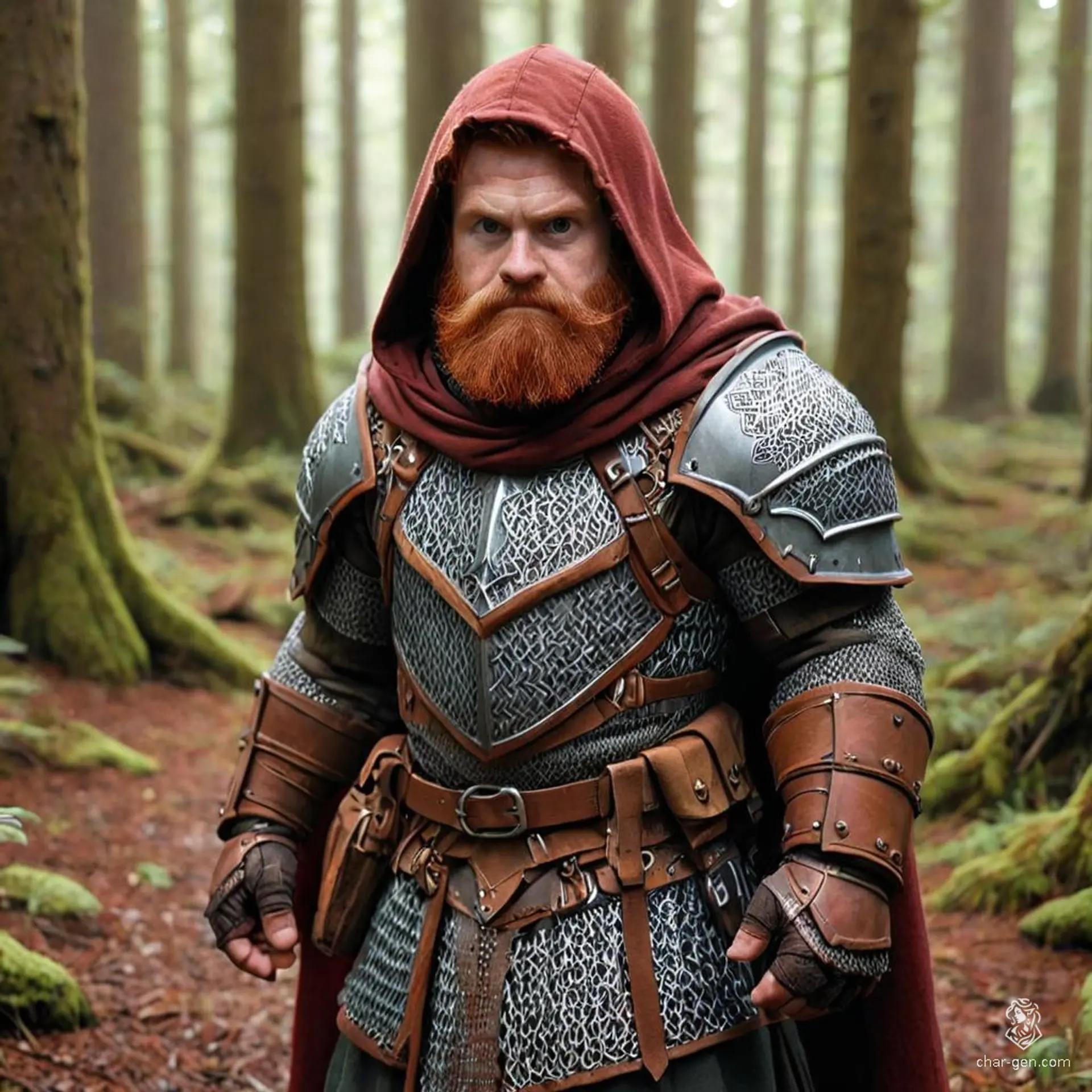 A rugged male dwarf hunter, adorned in chainmail armor and a weathered brown cloak, stands firm in a lush forest. His fiery medium-length red hair and thick red beard blend with the earthy surroundings, while his tan skin reflects years of outdoor survival and quiet determination.
