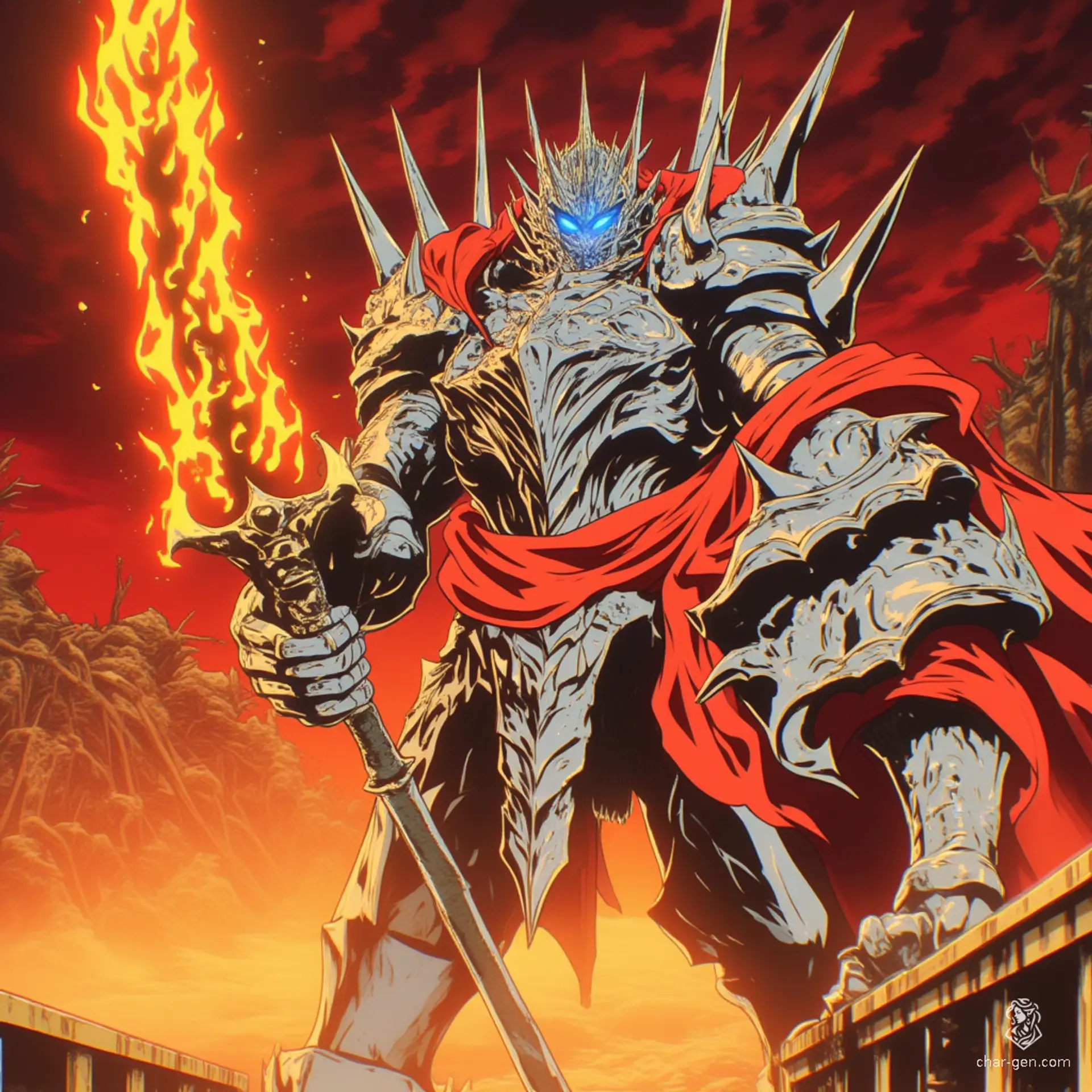 In a desolate, storm-swept realm, a towering warrior emerges, clad in jagged blackened armor adorned with crimson accents and glowing runes. Wielding a massive serrated greatsword engulfed in consuming black flames, their piercing eyes burn with an unearthly blaze, foretelling doom amid the ruins of a forgotten world.