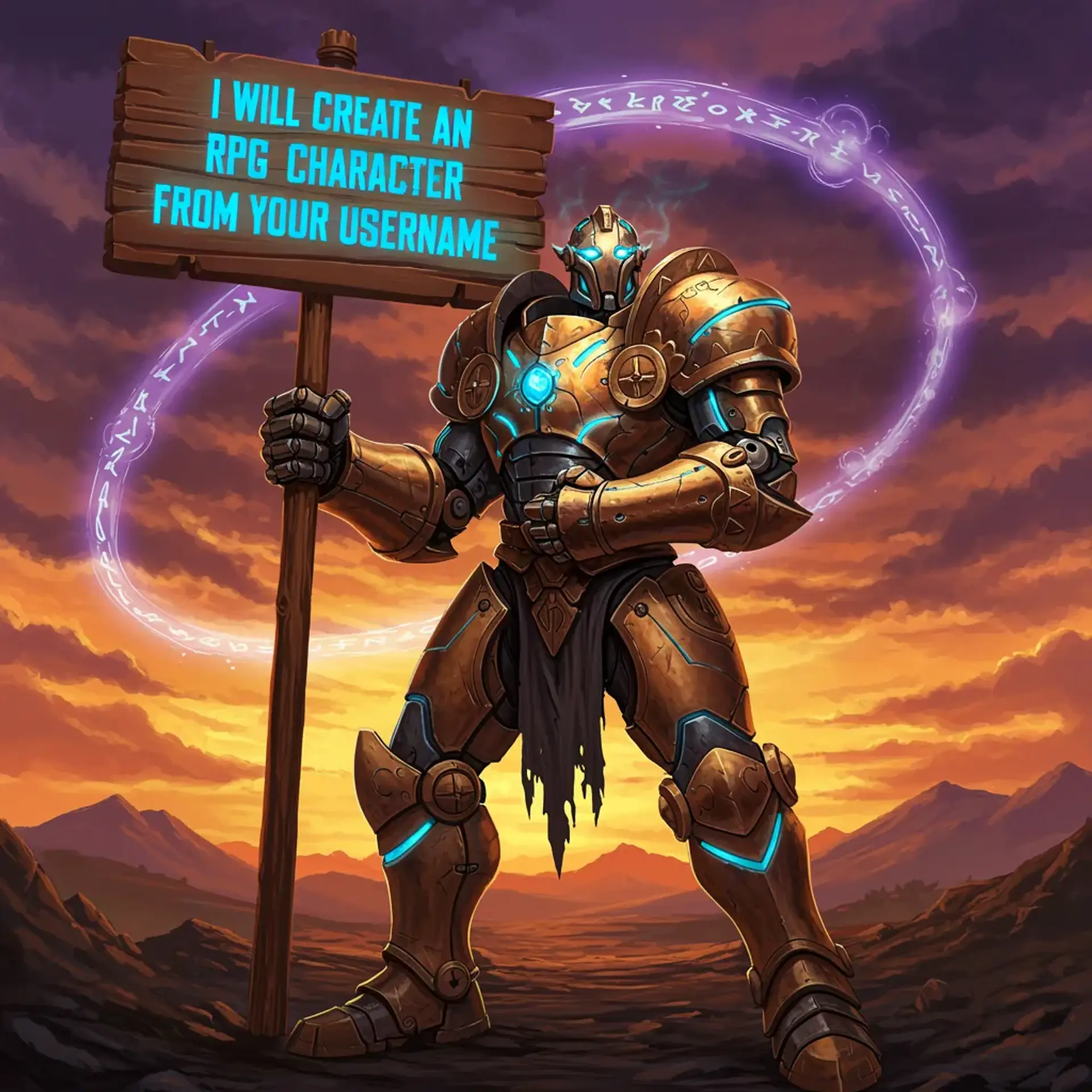A colossal Warforged warrior, encased in golden-bronze armor etched with intricate runes, stands defiantly against a stormy sky. Eyes glowing like molten energy, he wields a massive wooden sign, radiating magical auras, embodying both strength and mystique in this vivid high-fantasy tableau.