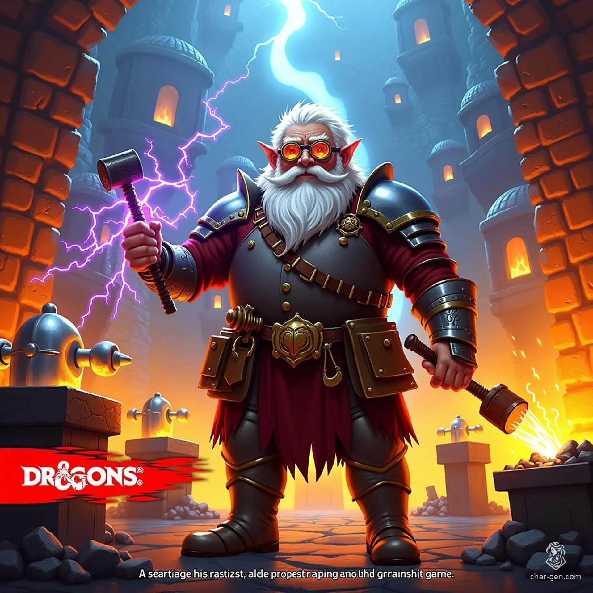 Glimble, the old gnome artificer, is a fair-skinned master armorer. With intricate goggles perched atop his frizzy beard, he crafts legendary suits of armor in his workshop, where the air crackles with lightning. His mechanical devices and sturdy gauntlets embody his genius and mastery of protection for the brave.