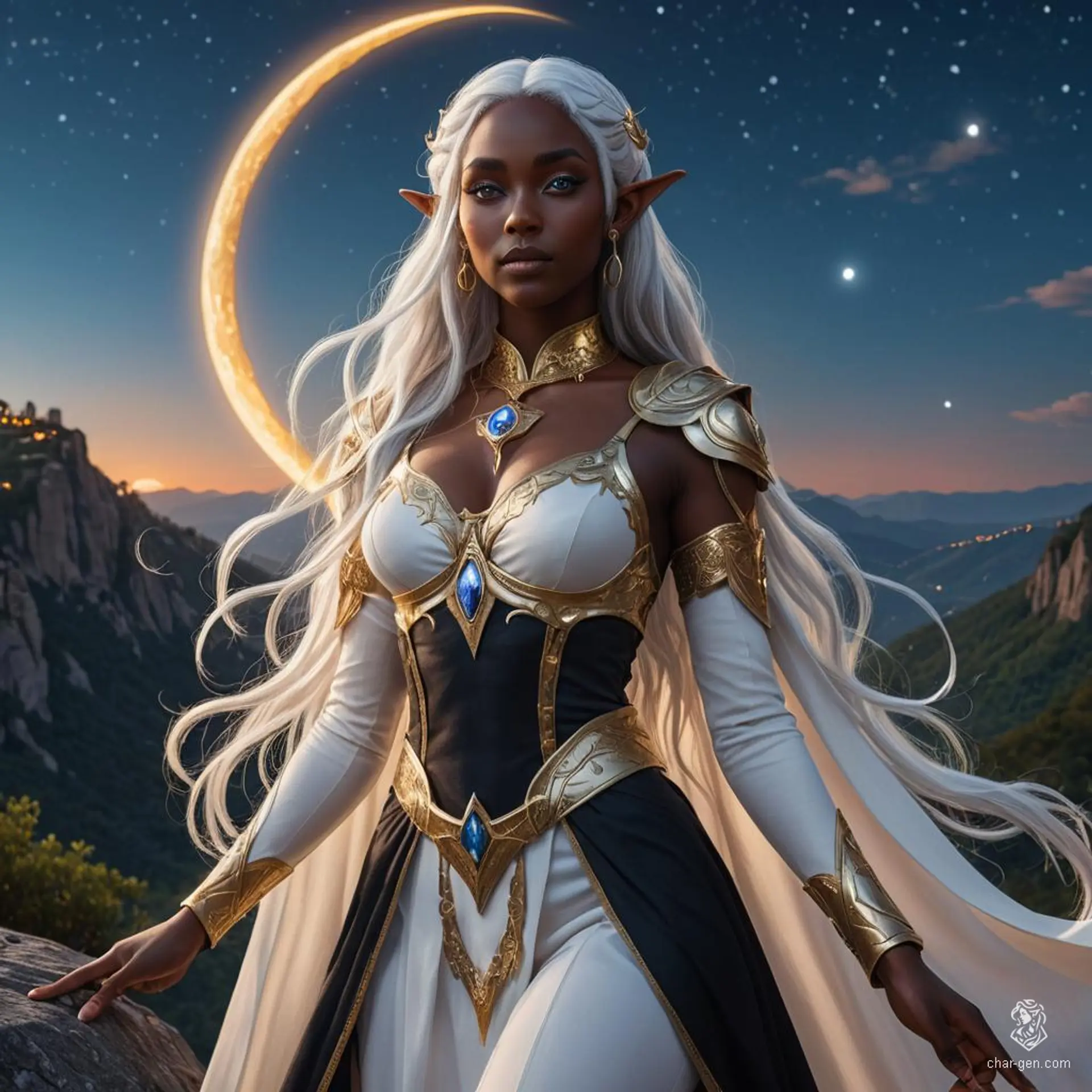 A serene, female elf cleric adorned with a conspicuous holy symbol, possesses dark black skin contrasted by long flowing white hair and enchanting blue eyes. Dedicated to the moon goddess, she exudes calmness atop moonlit mountain peaks under a starry night sky.