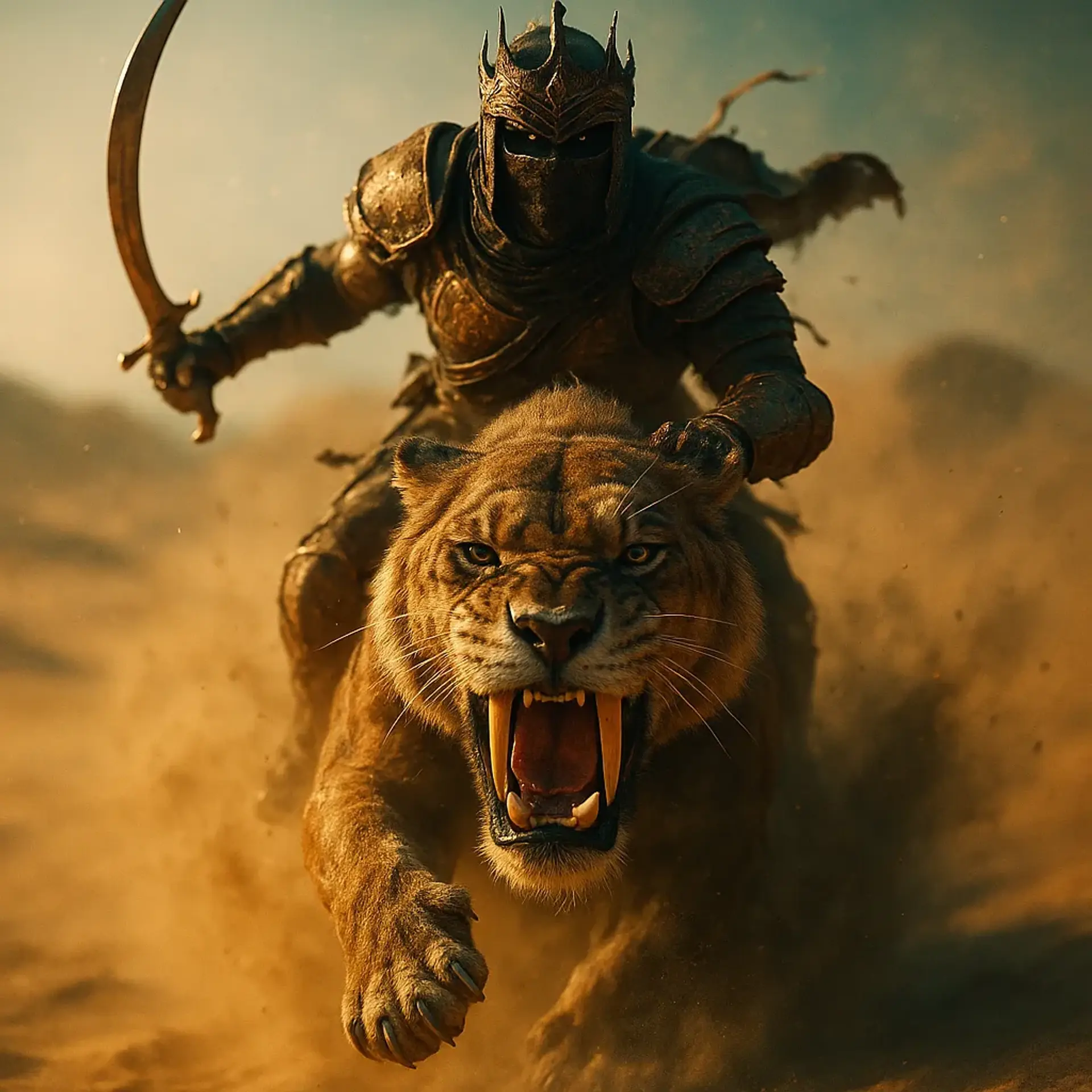 A fierce desert warlord clad in sand-scoured bronze armor charges across sun-baked dunes atop a roaring sabertooth tiger. Bathed in warm ochre and teal hues, he wields a curved scimitar, surrounded by swirling dust and shimmering heat haze under a blistering sun.