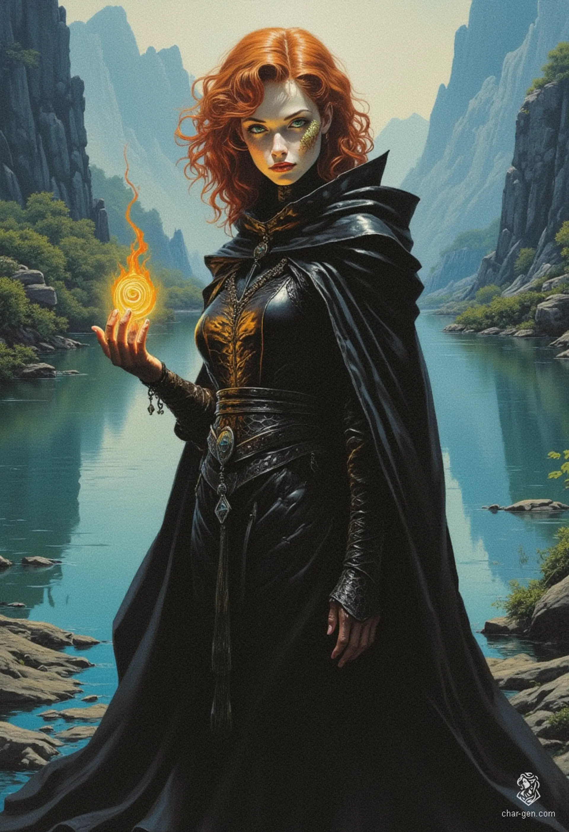 A striking young sorceress, she embodies arcane power with her fiery red curls and radiant emerald eyes. Draconic scales shimmer on her pale face, hinting at her magical lineage. Draped in a snug black leather robe, she conjures flames with confidence and grace, ready to unleash her formidable abilities.