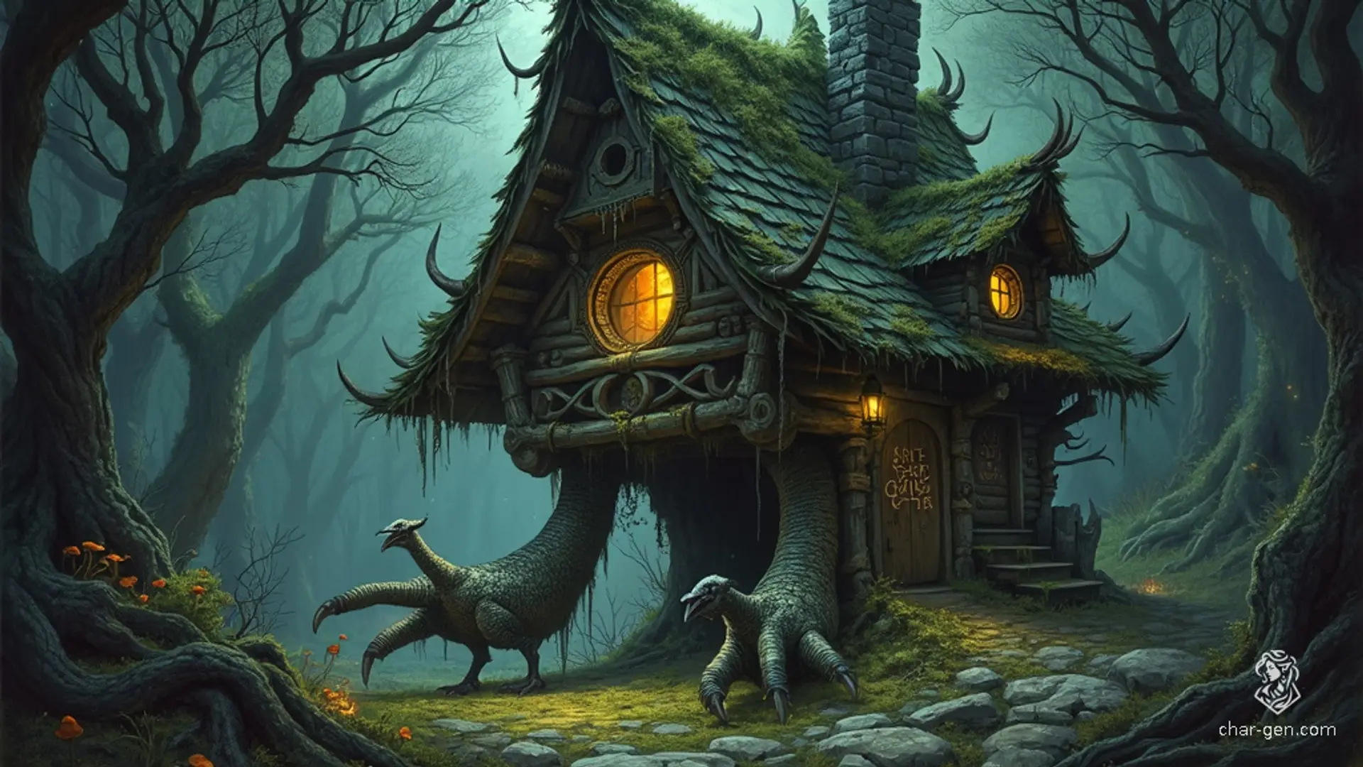 In an enchanted, shadowy forest, Baba Yaga's hut perches eerily atop spindly, sinewy chicken legs. The weathered, moss-covered wooden walls are inscribed with pulsing runes, while glowing mushrooms scatter across the twisted, root-choked forest floor, casting an ethereal light that deepens the mystical allure.