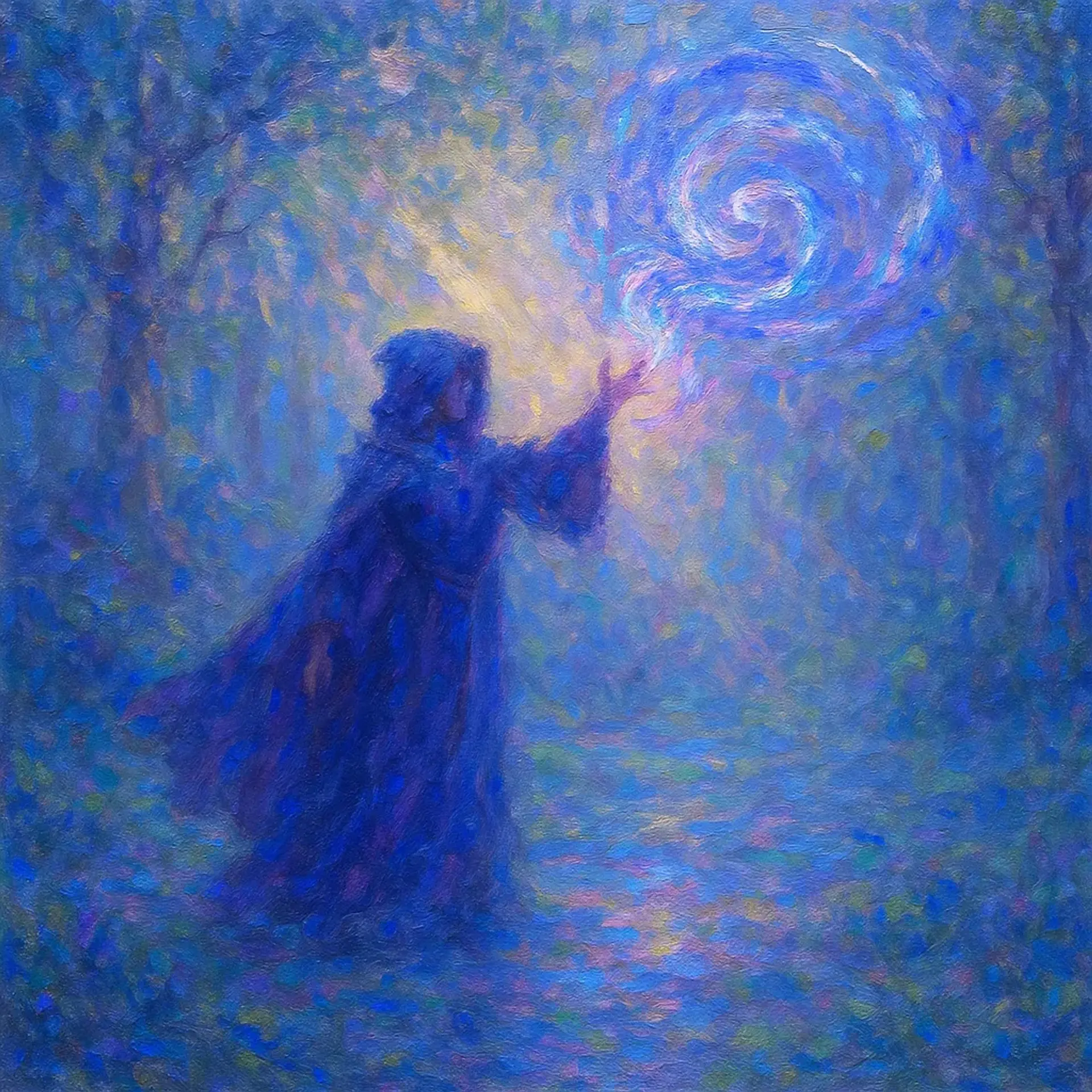 In a mystical forest glade bathed in ethereal light, swirling arcane energies spiral through pastel blues and purples. Rendered with Monet-inspired broken-color dabs and impasto strokes, this vibrant, dreamy scene pulses with soft, glowing illumination and cinematic, atmospheric depth.
