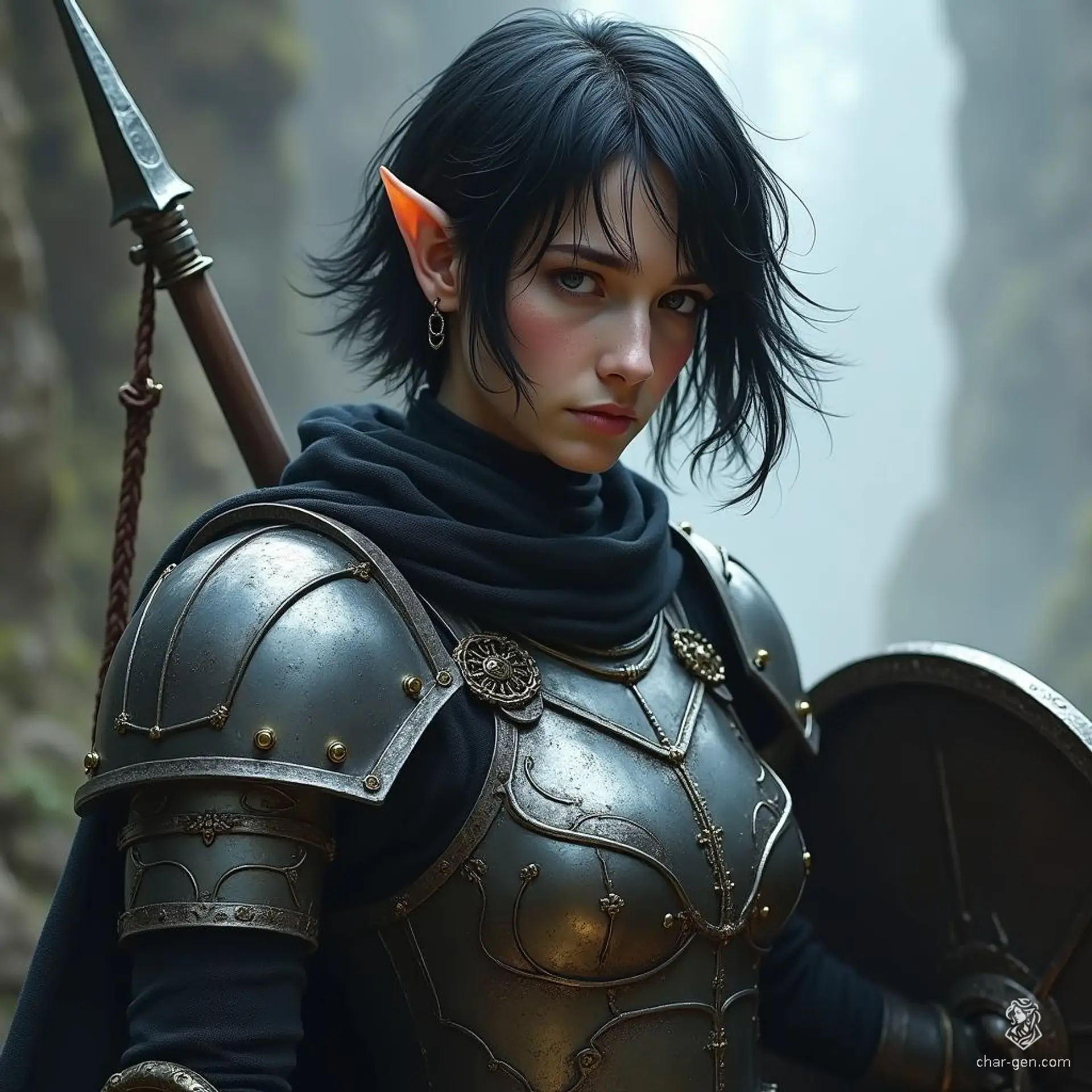 A fierce shadar-kai elf, she wields a gleaming mithril full plate armor that reflects her determination. With coal black eyes and short raven hair, her imposing presence is heightened by a spear in one hand and a shield in the other, ready to defend her shadowy realm.