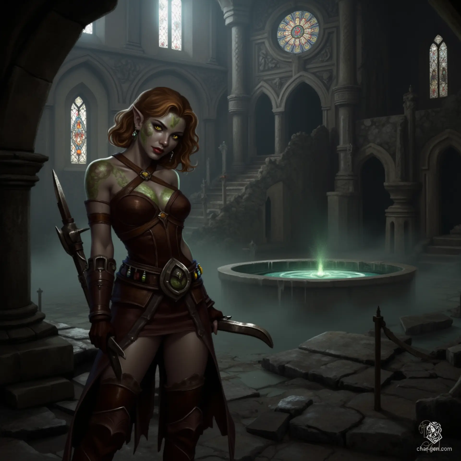 Izzy, a newly emancipated halfling assassin, blends beauty with lethal precision. Her medium-toned skin, adorned with shimmering green scales, contrasts her striking yellow-green eyes. Armed with a heavy crossbow and a belt of poisons, she exudes a mix of competence and dark joy, patiently hunting her prey from the shadows.