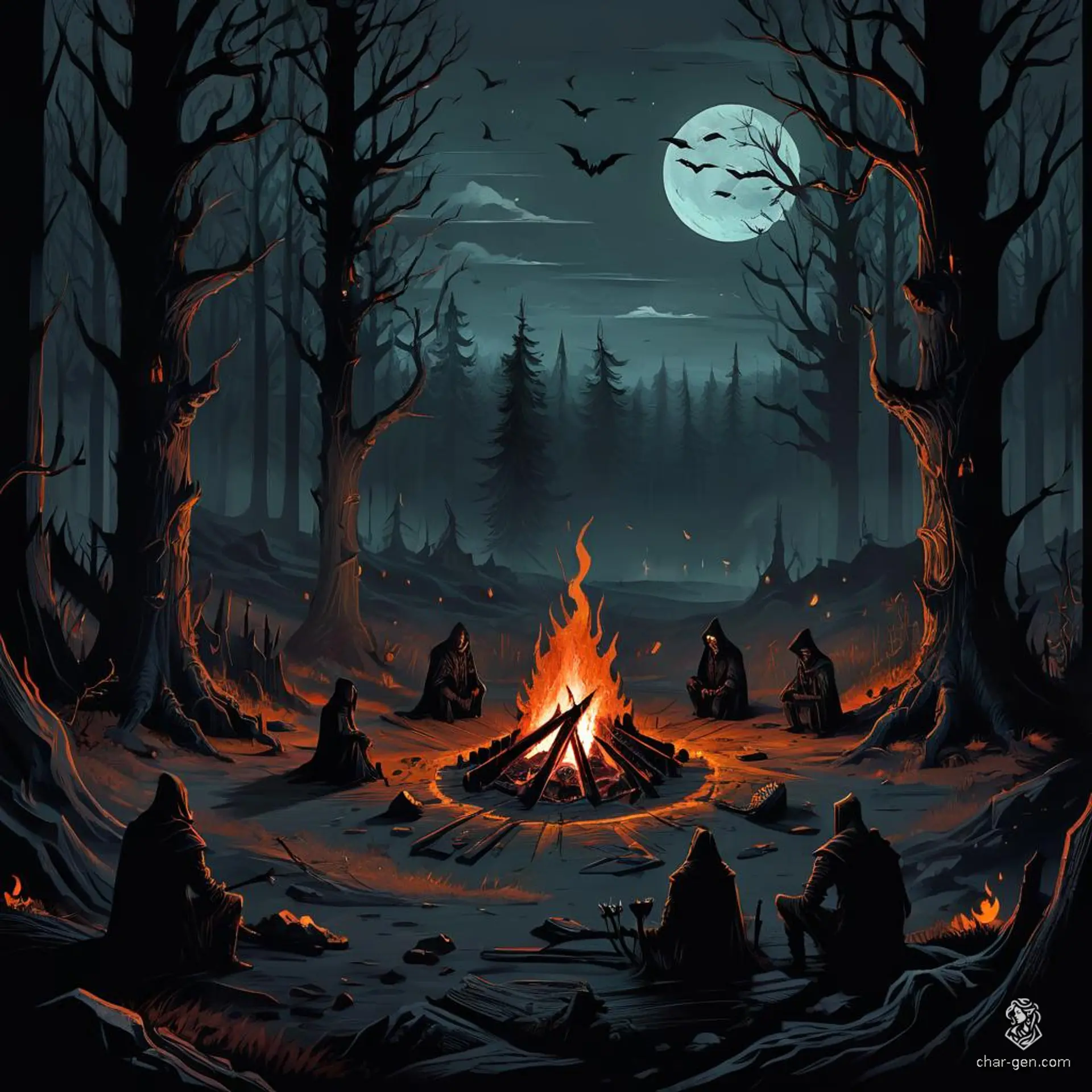 A chilling, dark fantasy landscape: a fall forest cloaked in night, where skeletal trees cast deep shadows. A distant campfire flickers, illuminating ghostly figures huddled around, creating an eerie atmosphere with intricate gothic details and hauntingly beautiful, muted colors.