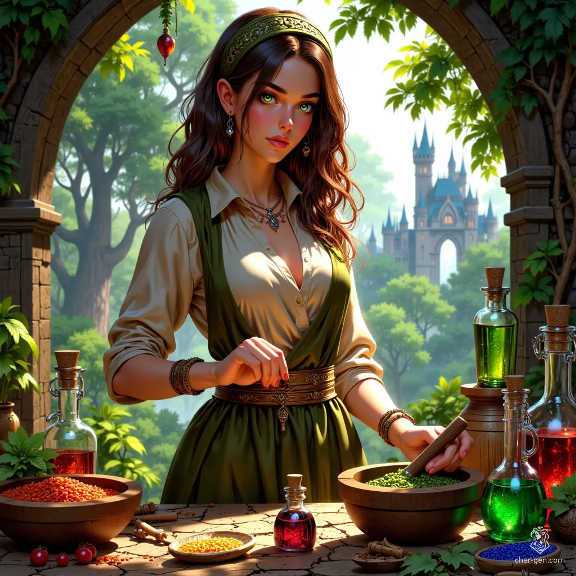 A young half-elf herbalist with warm chocolate brown hair, she skillfully blends natural remedies among her shelves of dried herbs and potions. Her keen intuition and knowledge of plants make her a healer and confidante in the mystical realm she navigates.