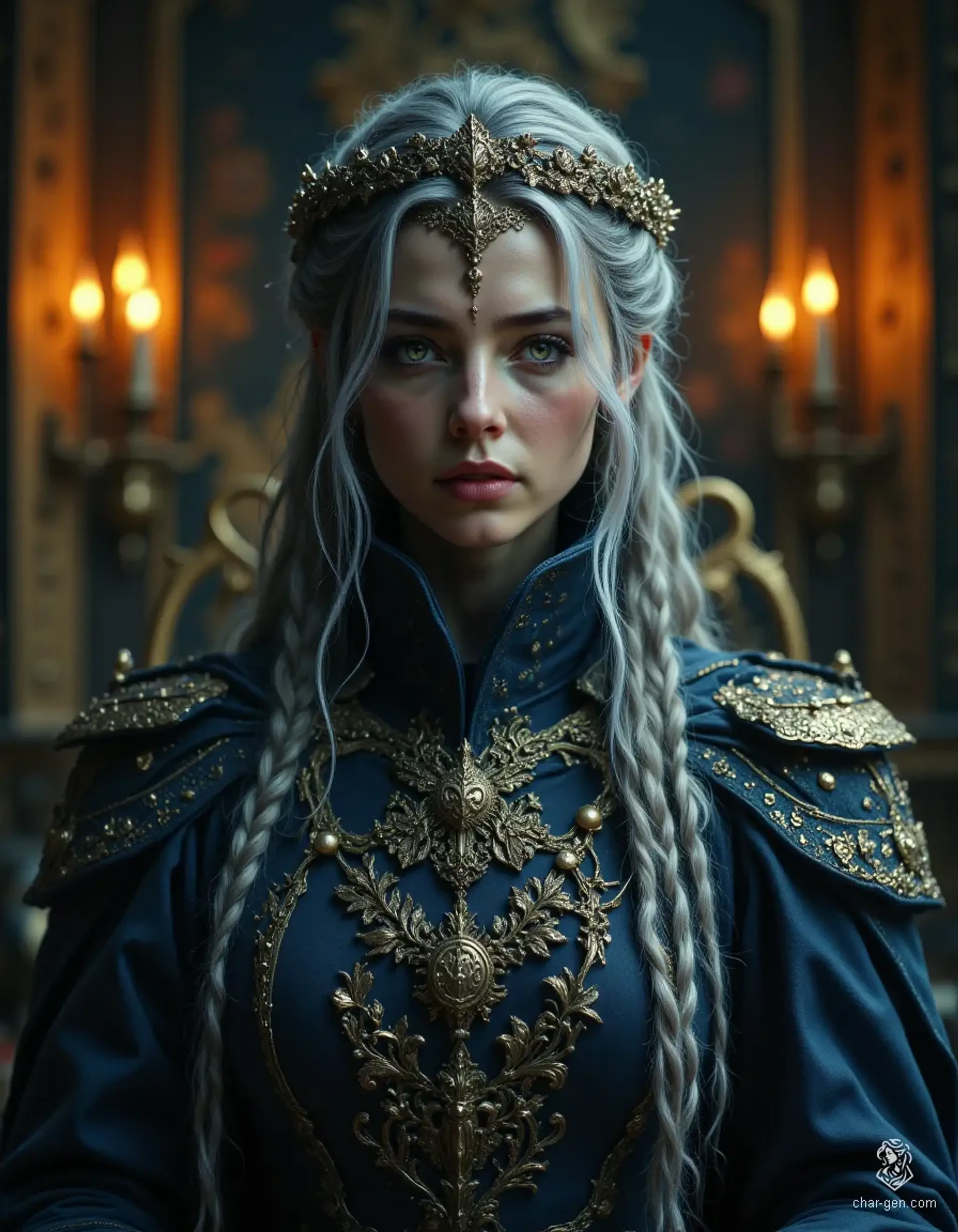 A regal queen with long, braided grey hair, exudes strength and elegance in her military uniform. Her calm demeanor hides a deep sadness, reflecting her determination and respect for tradition. Captured in stunning photorealistic detail, she embodies both power and vulnerability.