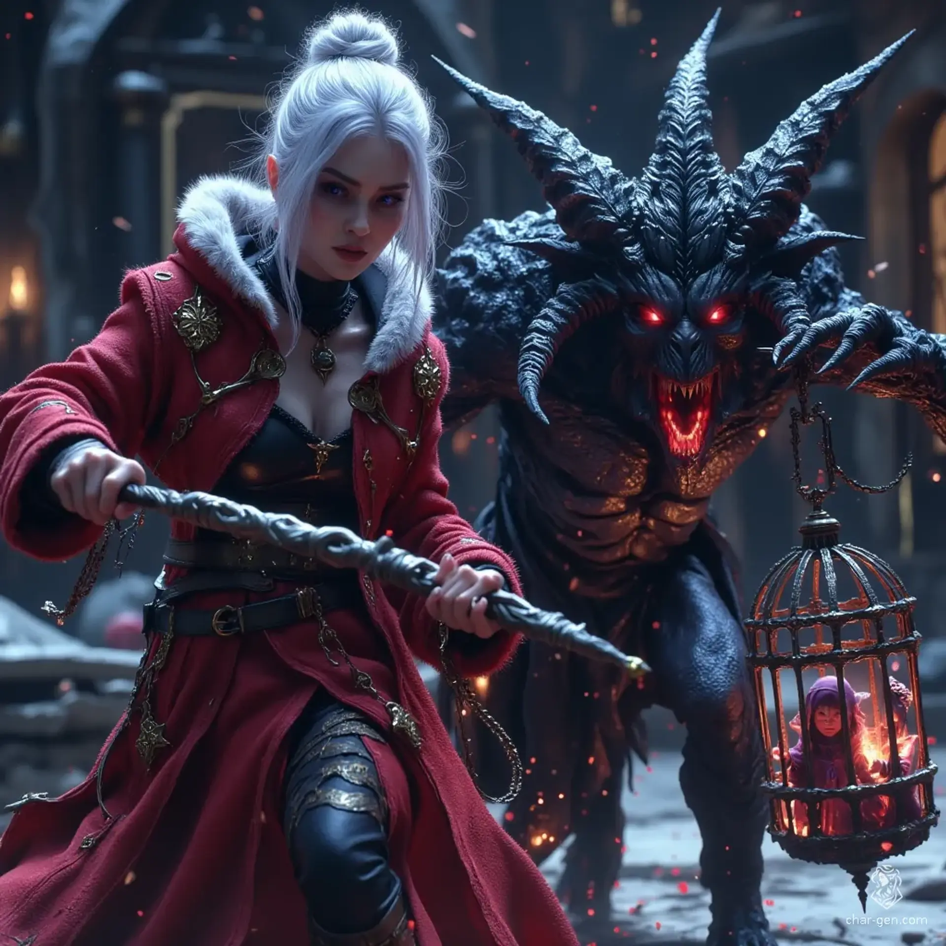 Sheara Shadowdancer is a 57-year-old elven wizard and fighter, standing at 4'11" with light purple-grey skin and bright purple eyes. Nimble and astute, she wields a quarterstaff, dancing through battle adorned in enchanted garments, her messy white bun reflecting her fierce confidence amidst chaos.