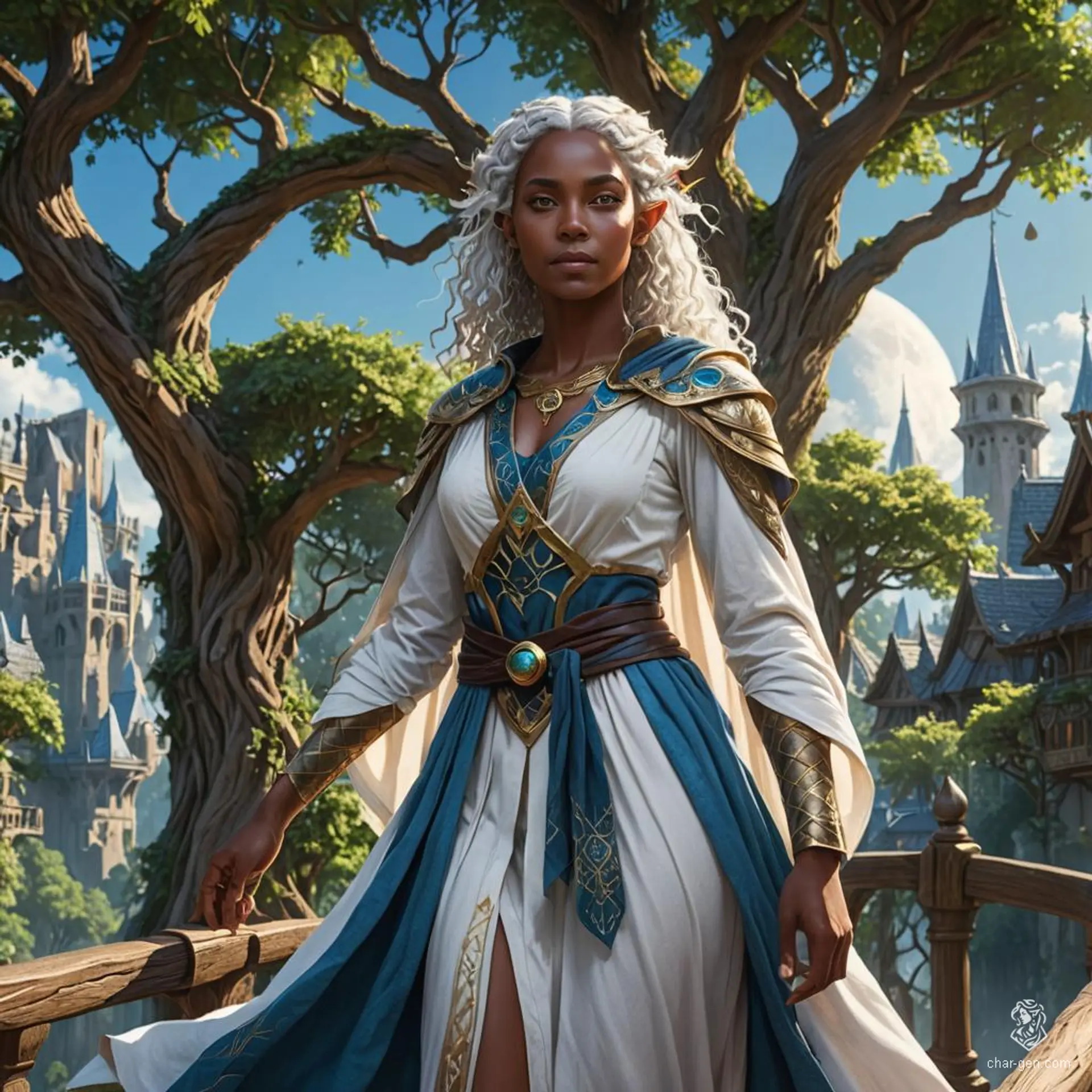 Under the vast, star-filled sky, a half-elf cleric radiates tranquility, her dark skin and white curls contrasting the night. Her blue eyes, gleaming with lunar magic, and her attire, marked by the holy symbol of the moon goddess, underscore her deep devotion. With serene gestures, she channels her deity's healing power, standing as a beacon of peace in the darkness.