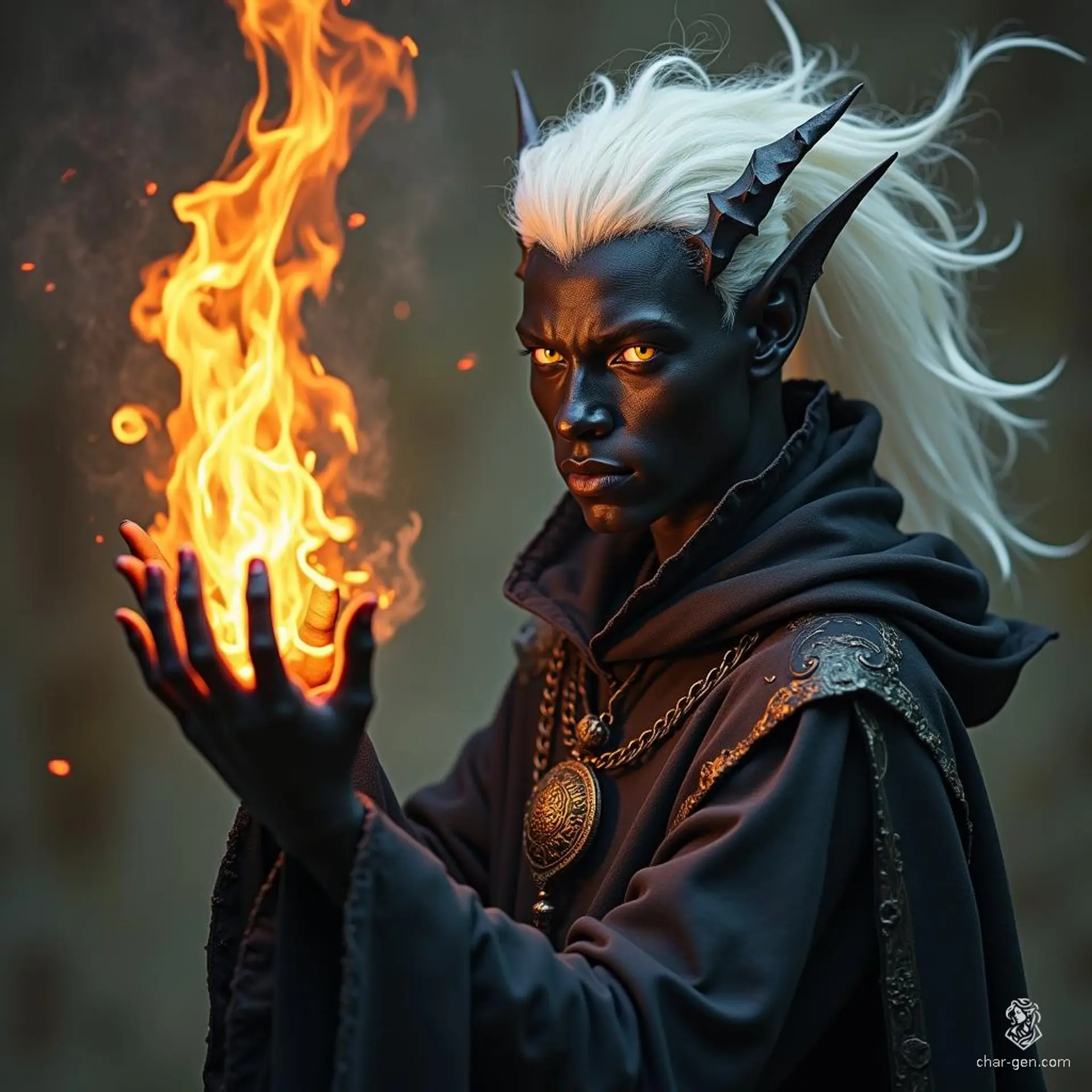 A young male Drow sorcerer, with striking black skin, luminous yellow eyes, and cascading white hair, conjures a swirling fireball crackling with energy. He embodies both elegance and power, drawing upon ancient magic as he stands ready to unleash his fiery wrath upon foes.