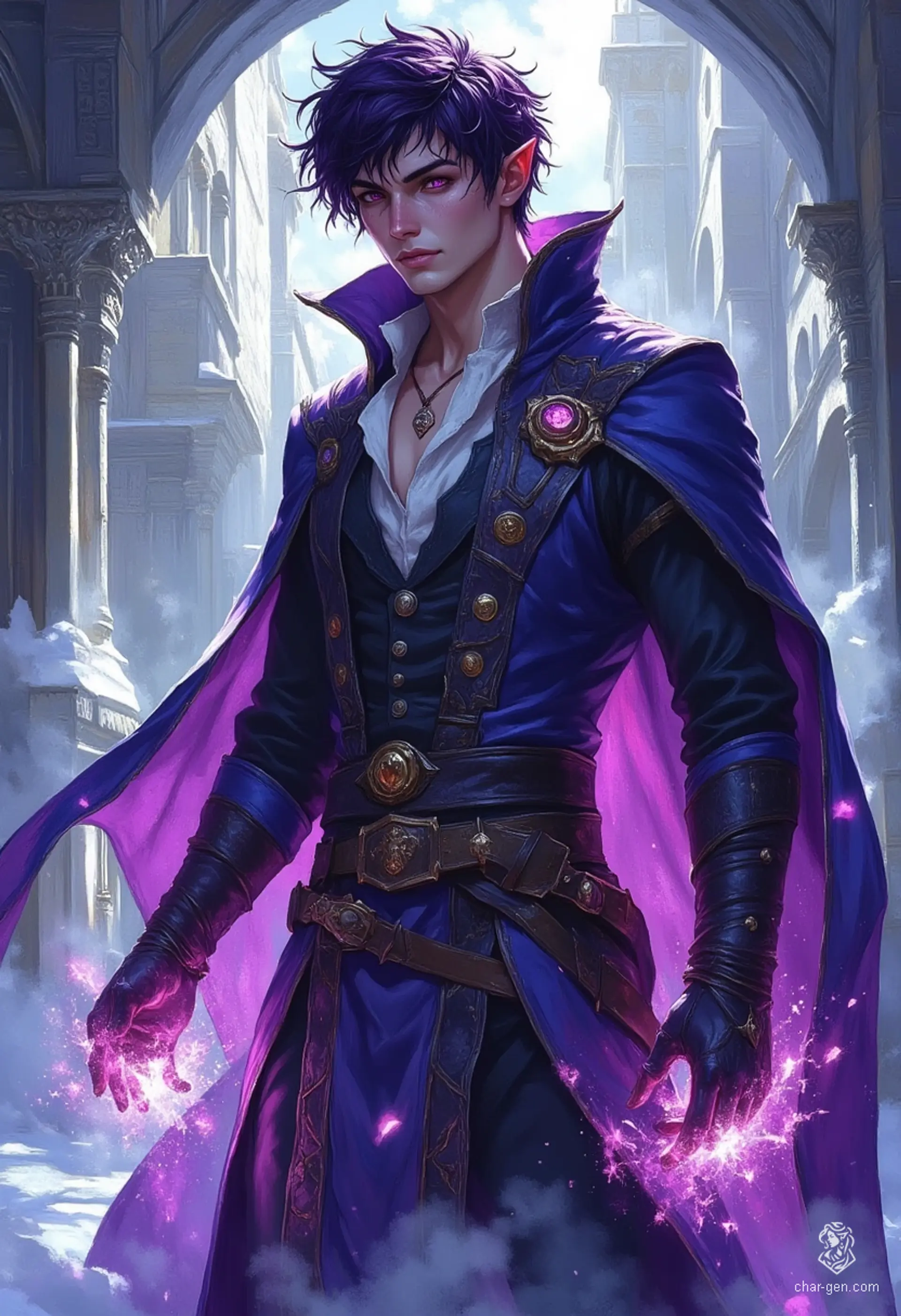 A striking male mage stands in an icy field, his thin build adorned in an elaborate dark blue robe. With glowing violet eyes and dark purple hair flowing in the wind, he conjures magic from his beautiful hands, surrounded by a painterly aura that captivates the eye.