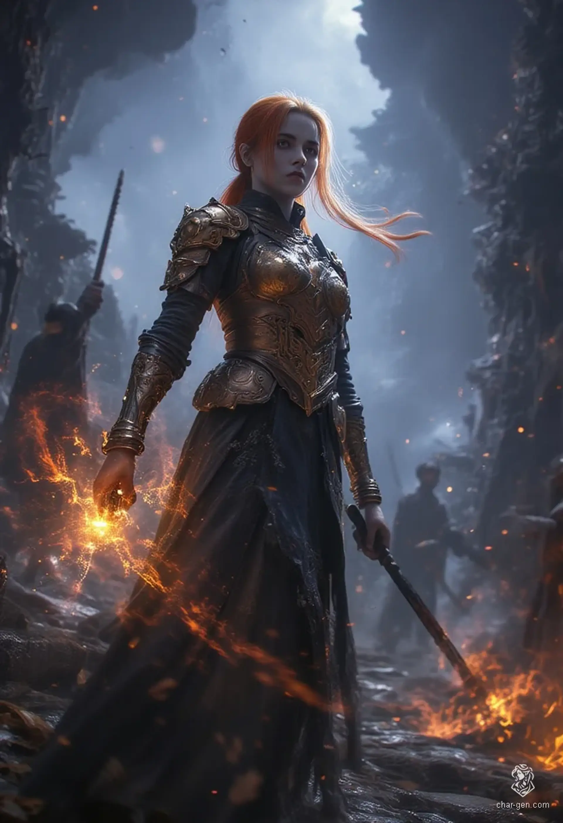 Amelia, a resolute young cleric clad in gleaming copper armor adorned with glowing runes, wields a radiant magical mace. Her flowing light orange hair and serene expression reflect both divine grace and unwavering determination in a richly detailed, mystical fantasy world.