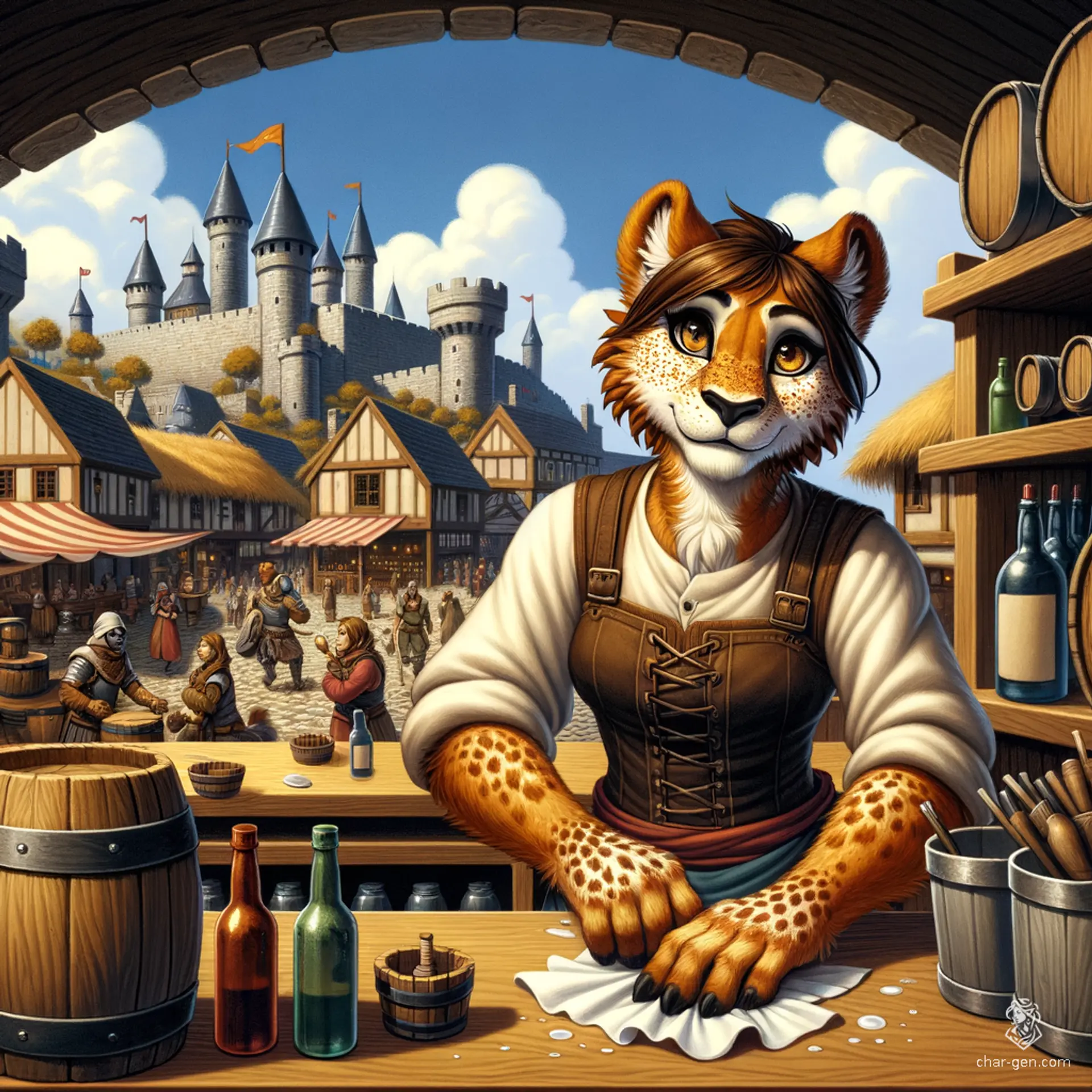 A freckled-skinned, lion-like humanoid female bartender wipes down counters among barrels and bottles, serving drinks to lively patrons. Her striking appearance contrasts sharply with her surroundings, adding a unique charm to the bustling tavern.