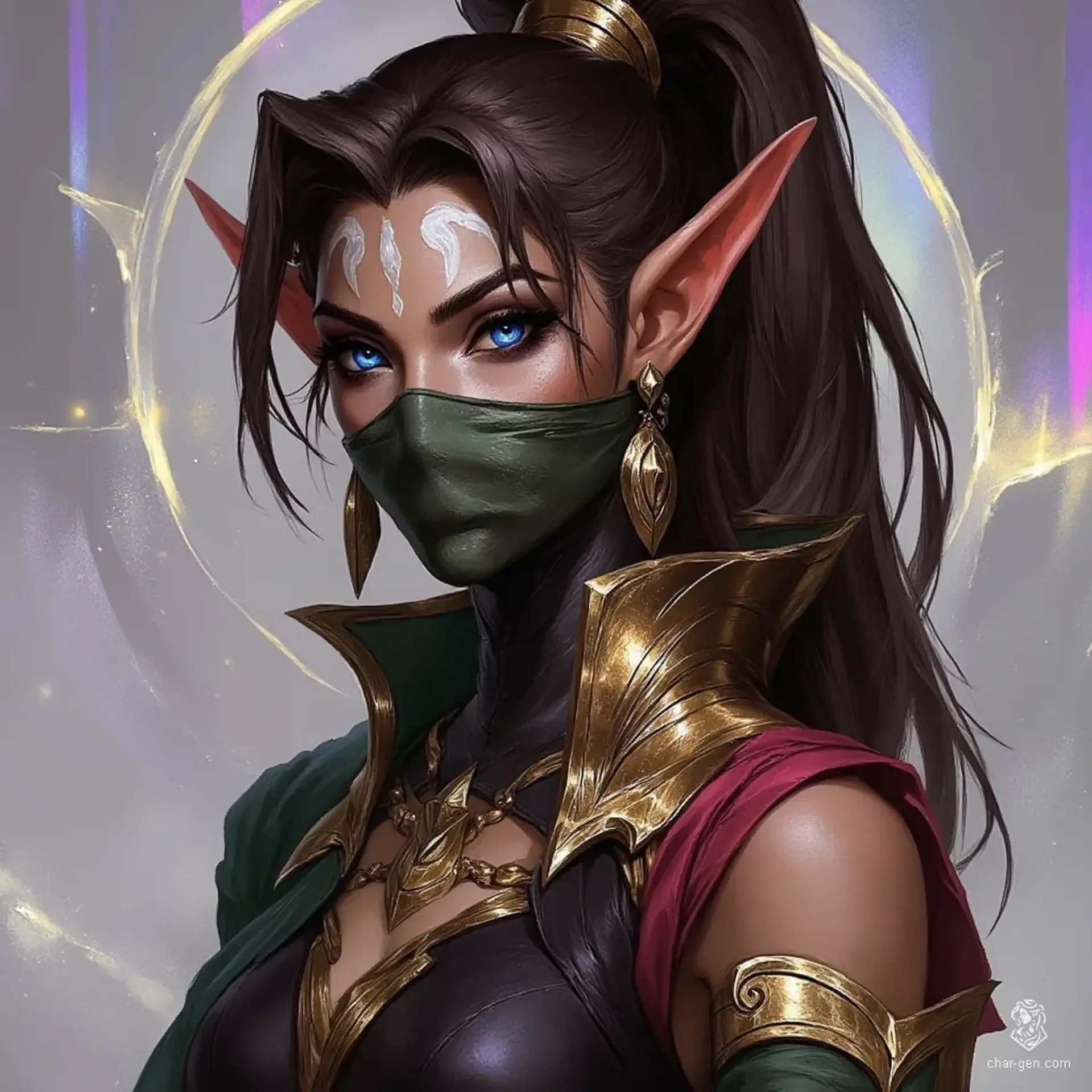 A strikingly attractive middle-aged elven woman, she possesses enchanting blue eyes and a high-structured dark brown ponytail adorned with a golden tube. Her pale skin features thin white patterns, while long gold earrings and a delicate gold necklace accentuate her elegance. Draped in a simple black Egyptian cloth dress and a green silk veil concealing her mouth, her tired expression hints at the burdens she carries amidst her ethereal beauty.