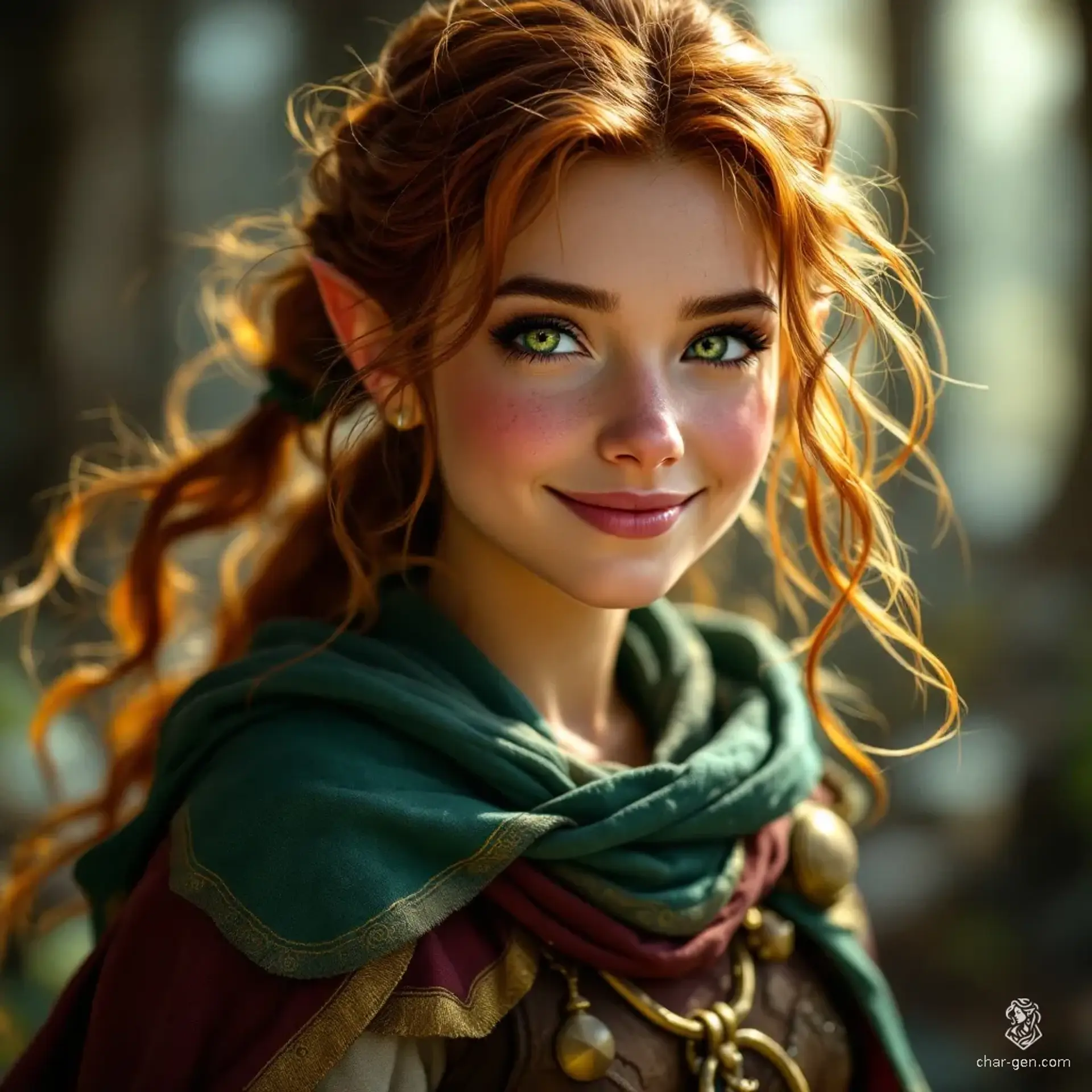 Meet Lirael, the joyful female gnome bard. With sparkling green eyes and wavy auburn hair, she enchants audiences in her vibrant bardic attire. Her fitted tunic and flowing cape, adorned in greens, golds, and burgundy, reflect her spirited personality and love for adventure.