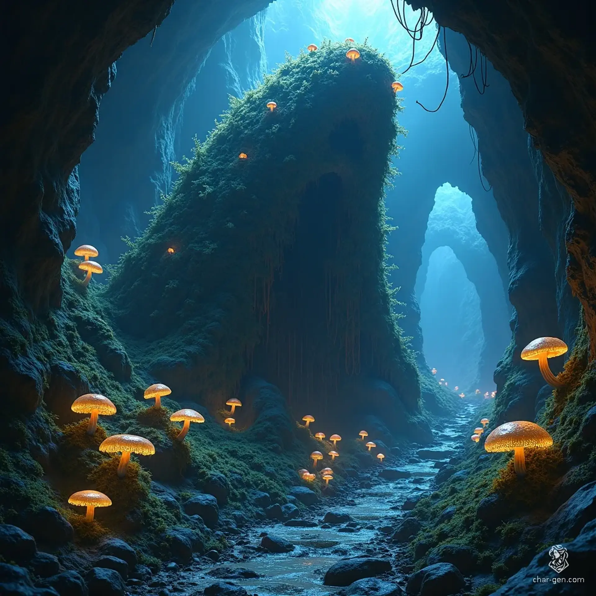 The Shambling Mound, a grotesque, animated heap of vegetation, lumbers through the Underdark, pursued by spectral phantoms. Brilliant HDRI lighting highlights its twisted form, while dynamic particle effects swirl around, creating an eerie atmosphere illuminated by haunting volumetric beams.