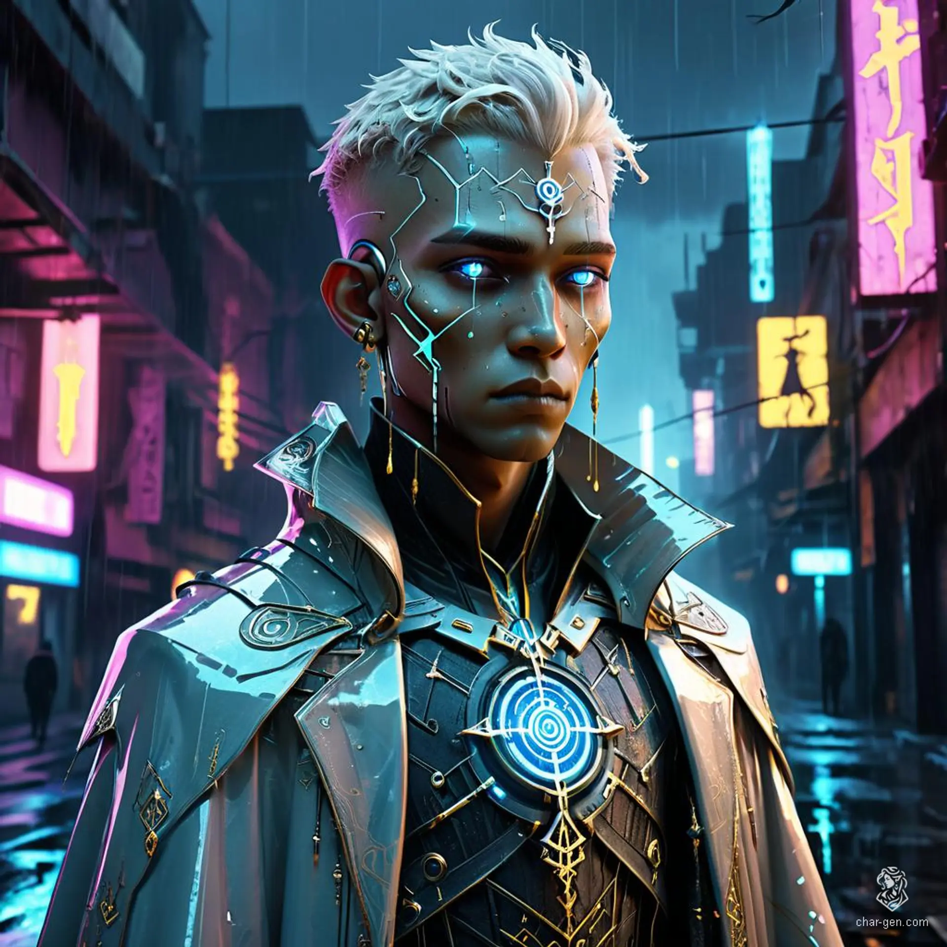 The sorcerer, an aasimar with an angelic aura, enchants with arcane sigils and radiant garments. These holy humans exude subtle glow with unusual colored eyes, their light-skinned texture sharply contrasting, embodying magic incarnate.