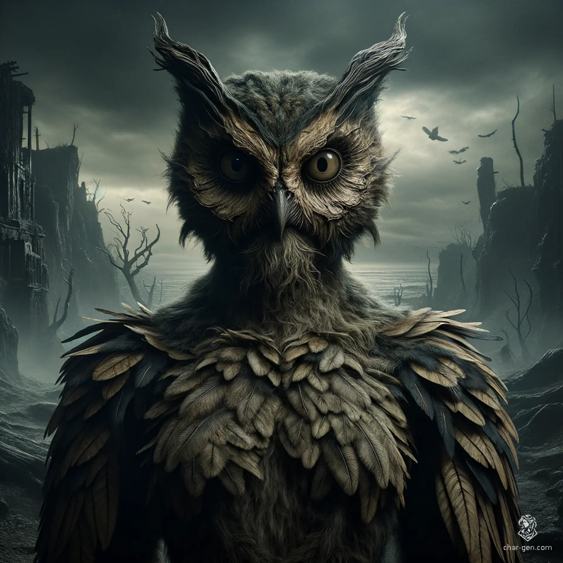 An owlin, this female owl humanoid boasts feathery wings and the keen, observant traits of an owl. With a stature of anthropomorphic grace, she navigates her world with sharp senses and an innate wisdom.