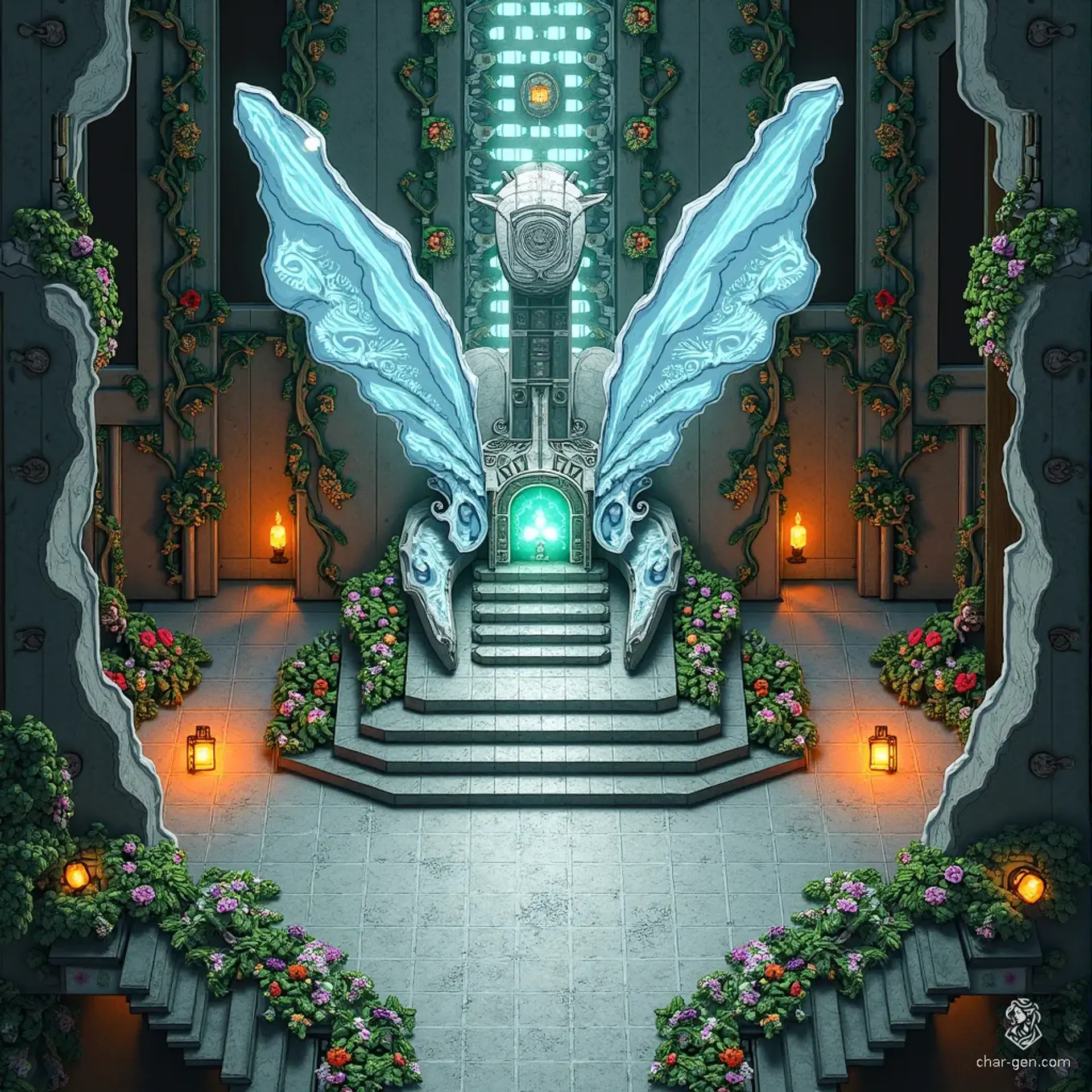 Enter the opulent throne room of the Fey Queen, where silvered wood and veined marble glisten beneath a canopy of vibrant flowers. Beware hidden snares woven into the flora, and the icy breath of the dragon-throne, for secrets lie in the shimmering shadows, waiting to ensnare the unwary.