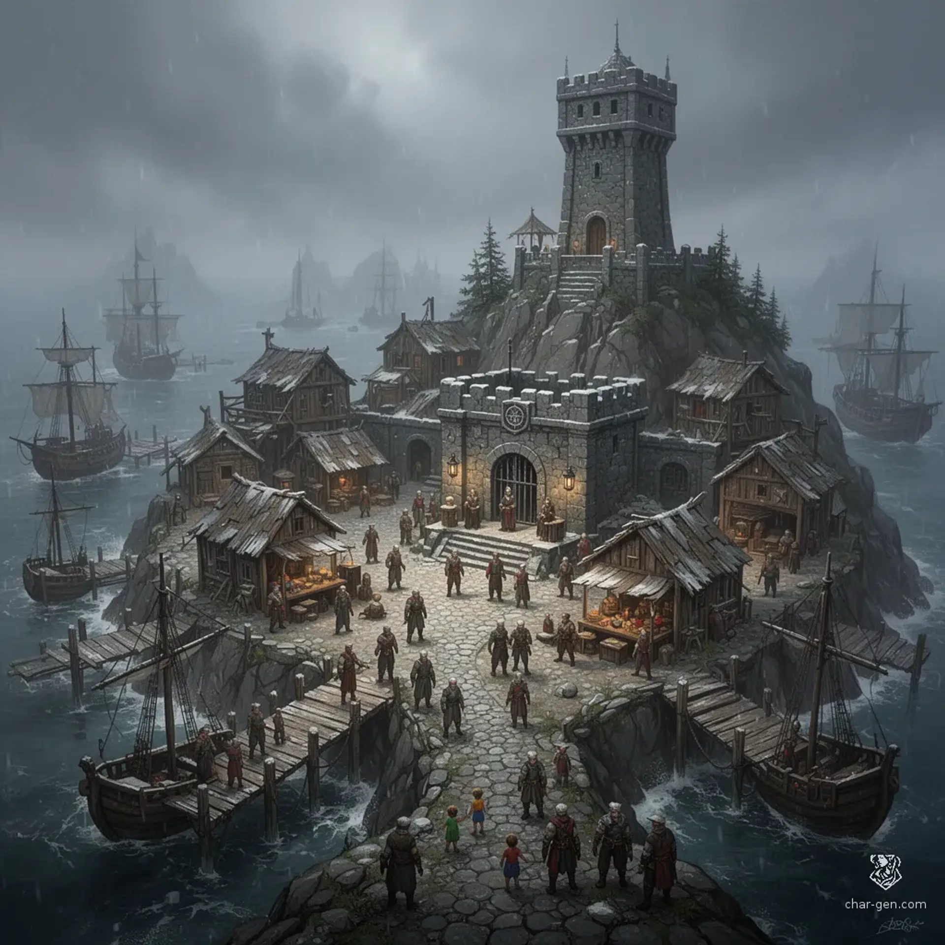 Brinehold Isle - AI-generated fantasy Settlement