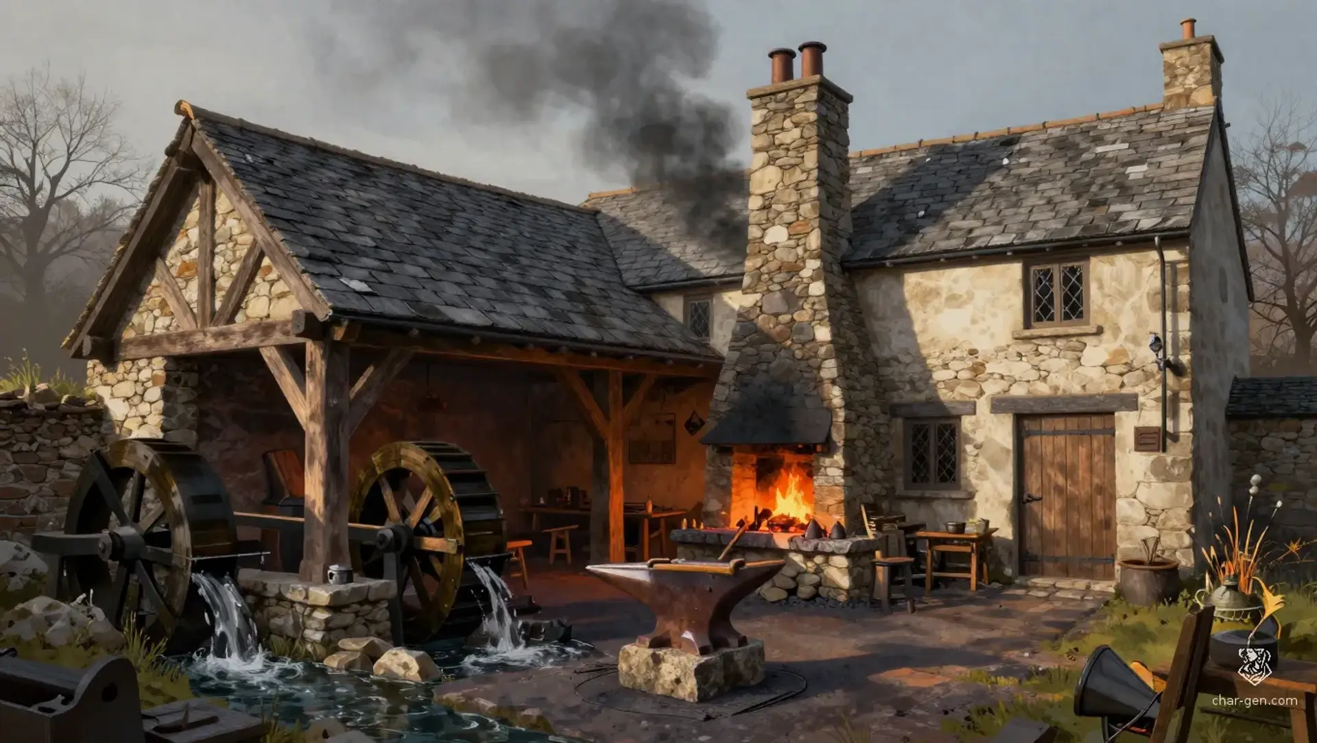 The River Stone Forge - AI-generated fantasy Building