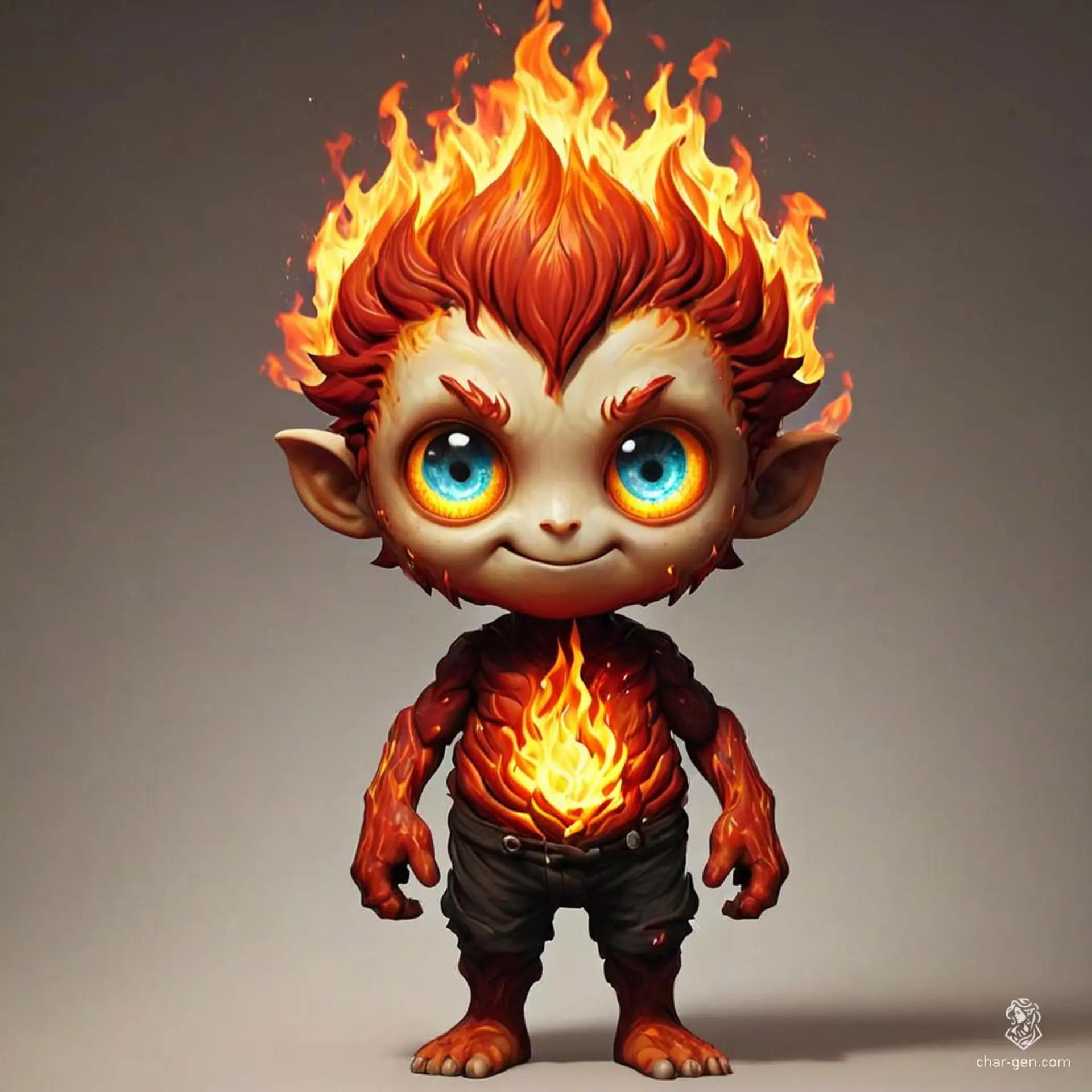Sparks, a three-foot-tall juvenile fire elemental, resembles a five-year-old human boy made entirely of flames. With big, cute round eyes that burn a solid fiery color and a mischievous grin, his innocent face hides playful mischief and boundless energy.