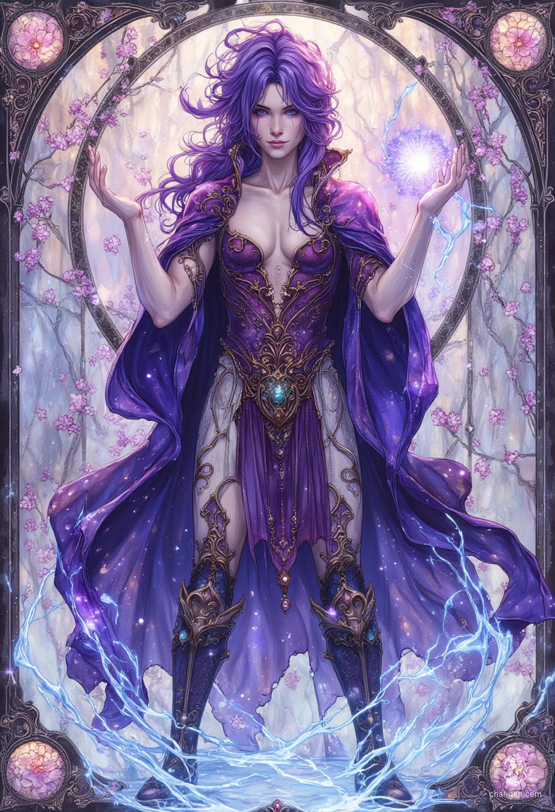In a stunning art nouveau panorama, a slender male figure stands in an icy field, draped in an elaborate dark blue robe. His glowing violet eyes and dark purple hair dance in the wind, as he conjures magic from his hands, embodying the harmony of nature and mystique.
