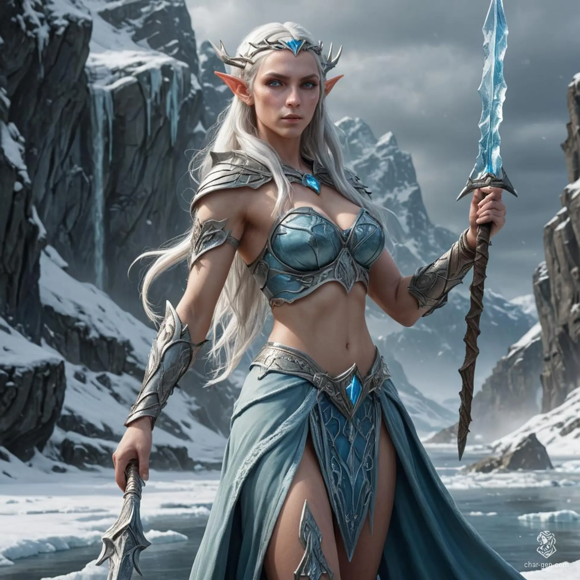 Oceanic, a formidable sea elf barbarian known as The Ice Queen, bears striking blue skin and white hair. This muscular female showcases webbed fingers and toes, visible gills, and dons an ice crown and a long sea dress, embodying the ocean's untamed essence.